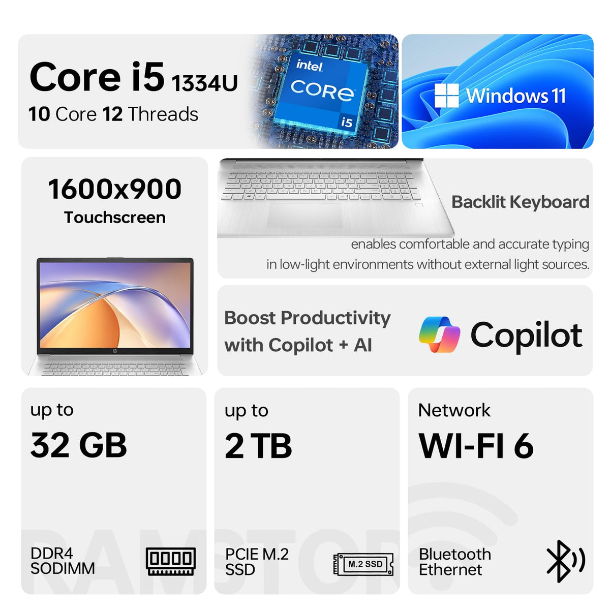 17.3" HD+ Touchscreen Laptop, Intel Core i5, 32GB RAM, 1TB SSD, Silver M439982