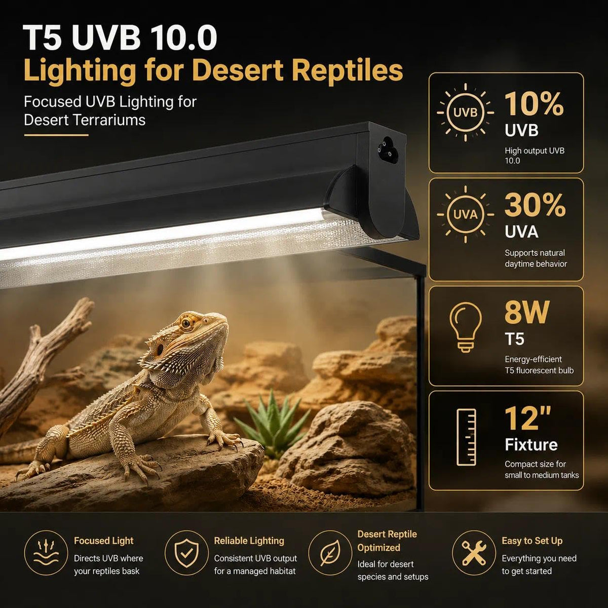 8W 10.0 12 Inch T5 UVB Reptile Light Fixture with Bulb D154