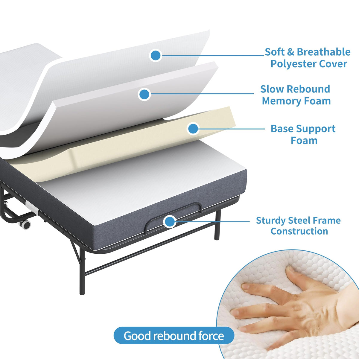 Folding Bed with Mattress, Twin Size Metal Bed Frame with Wheels S874