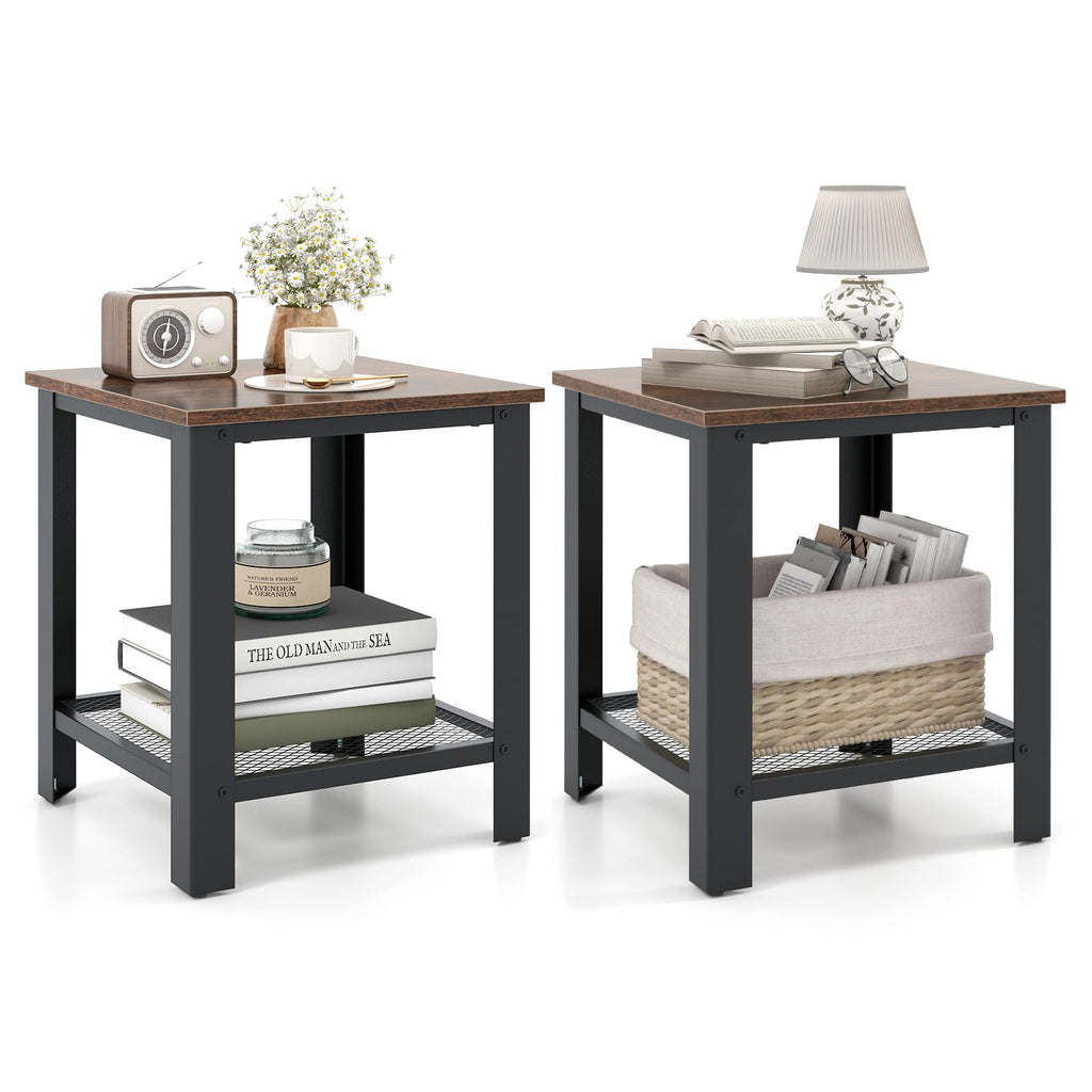 2-Tier End Table Set of 2, 16 Inch Side Table with Mesh Storage Shelf N1819