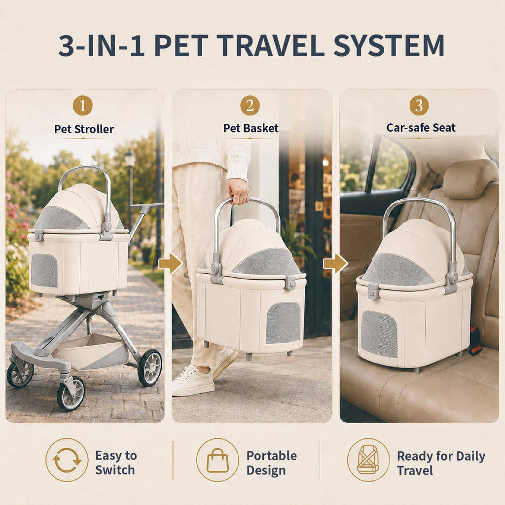 Khaki Dog Stroller with Detachable Carrier Y900677
