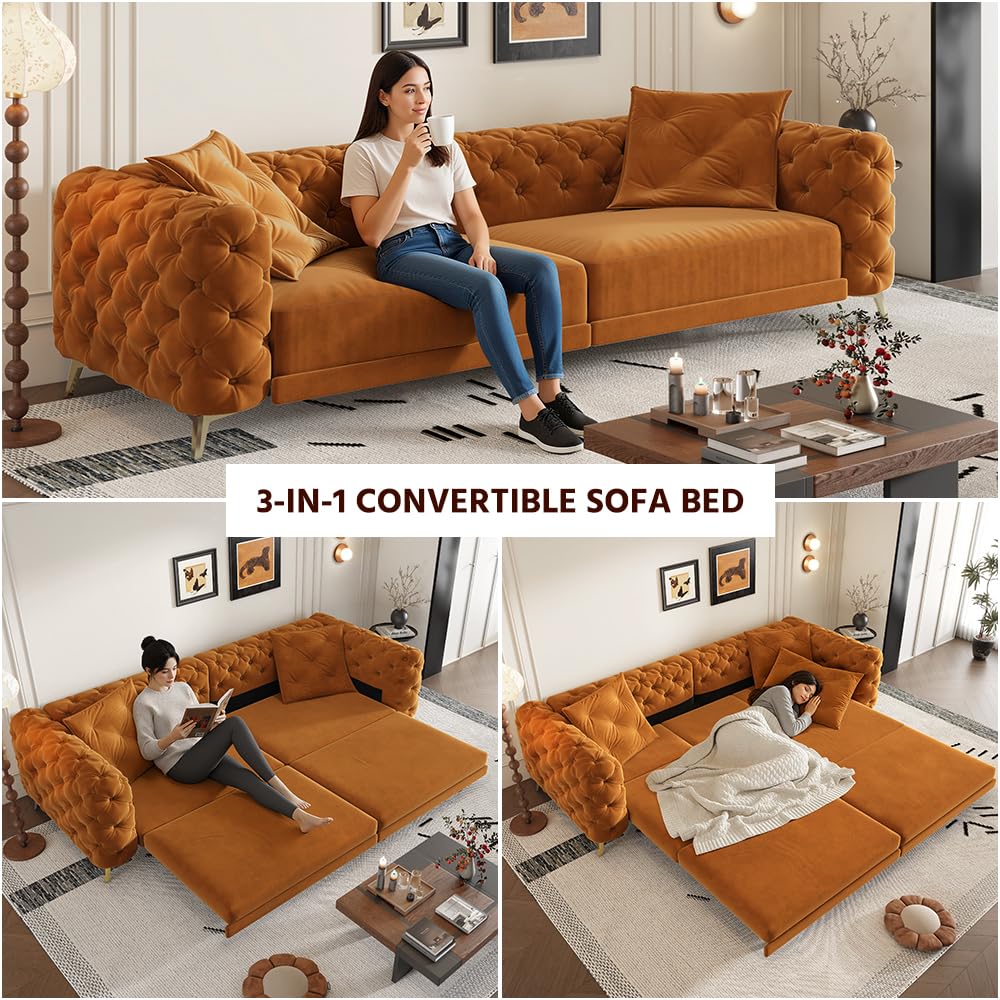 Orange Velvet Convertible Sleeper Sofa with Ottoman M682
