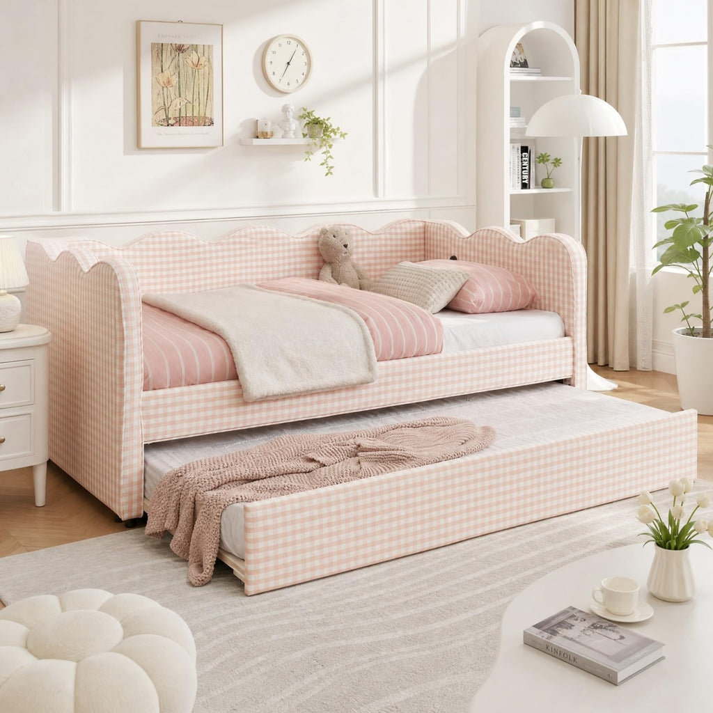 Pink Twin Size Linen Upholstered Daybed with Trundle I946572