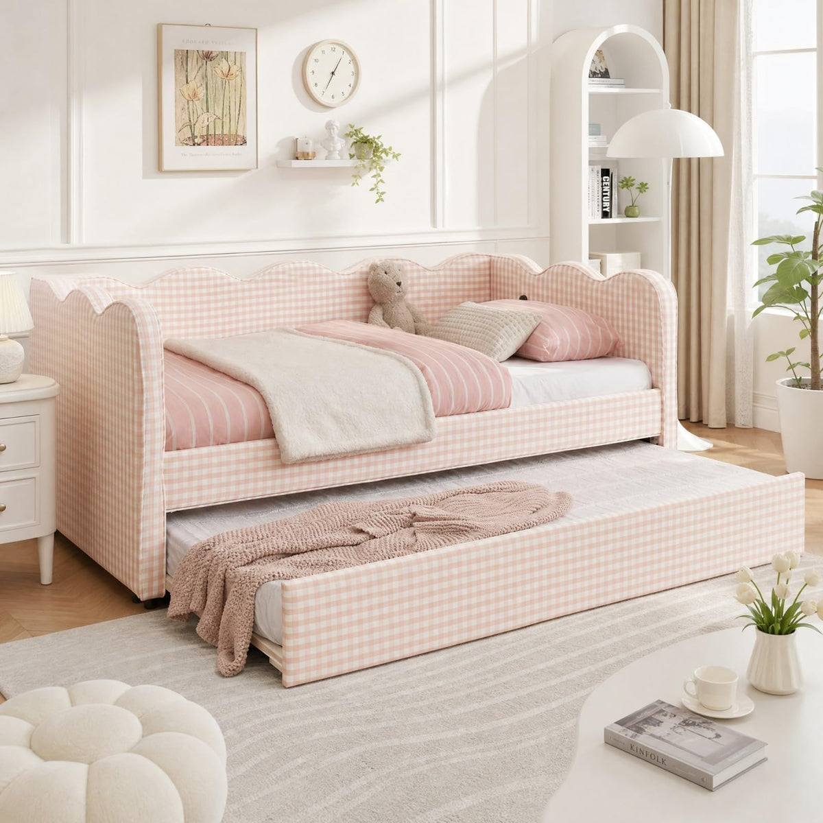 Pink Twin Size Linen Upholstered Daybed with Trundle I946572