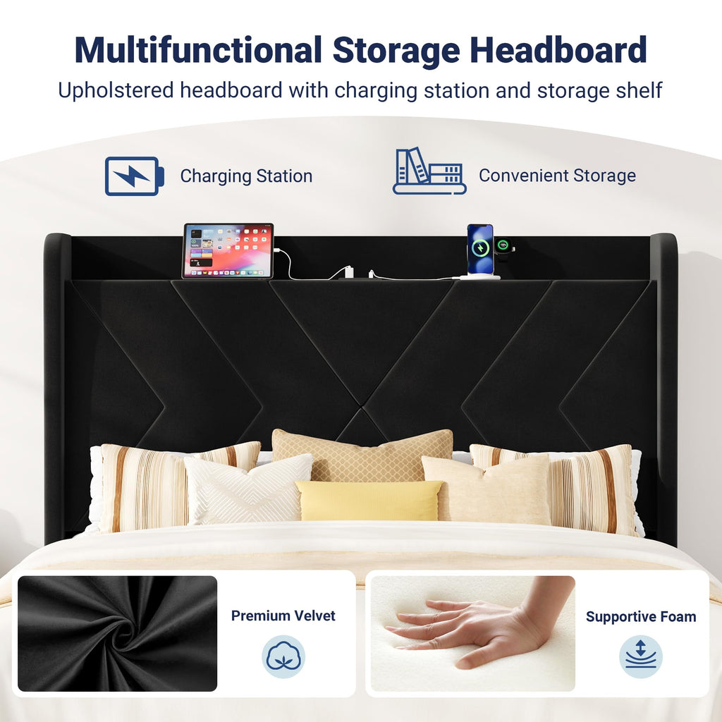 Queen Size Black Velvet Bed Frame with Charging and Shelf J36878