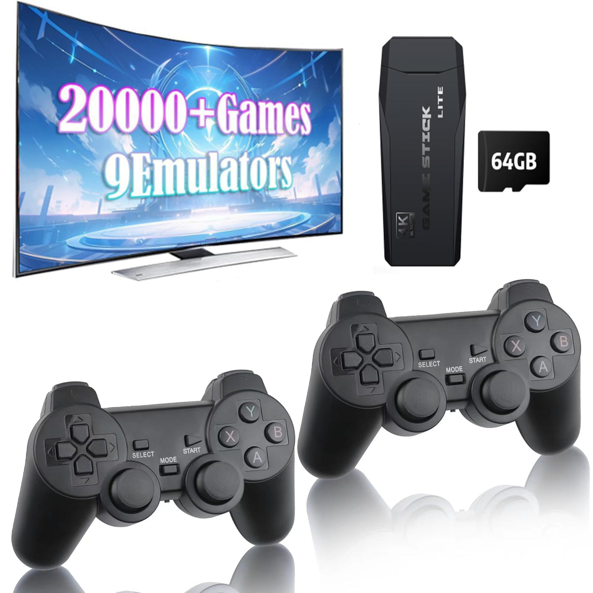 Plug and Play Retro Game Console with 4K HDMI Output, 2.4G Wireless Controllers, 64GB Memory Card O25458