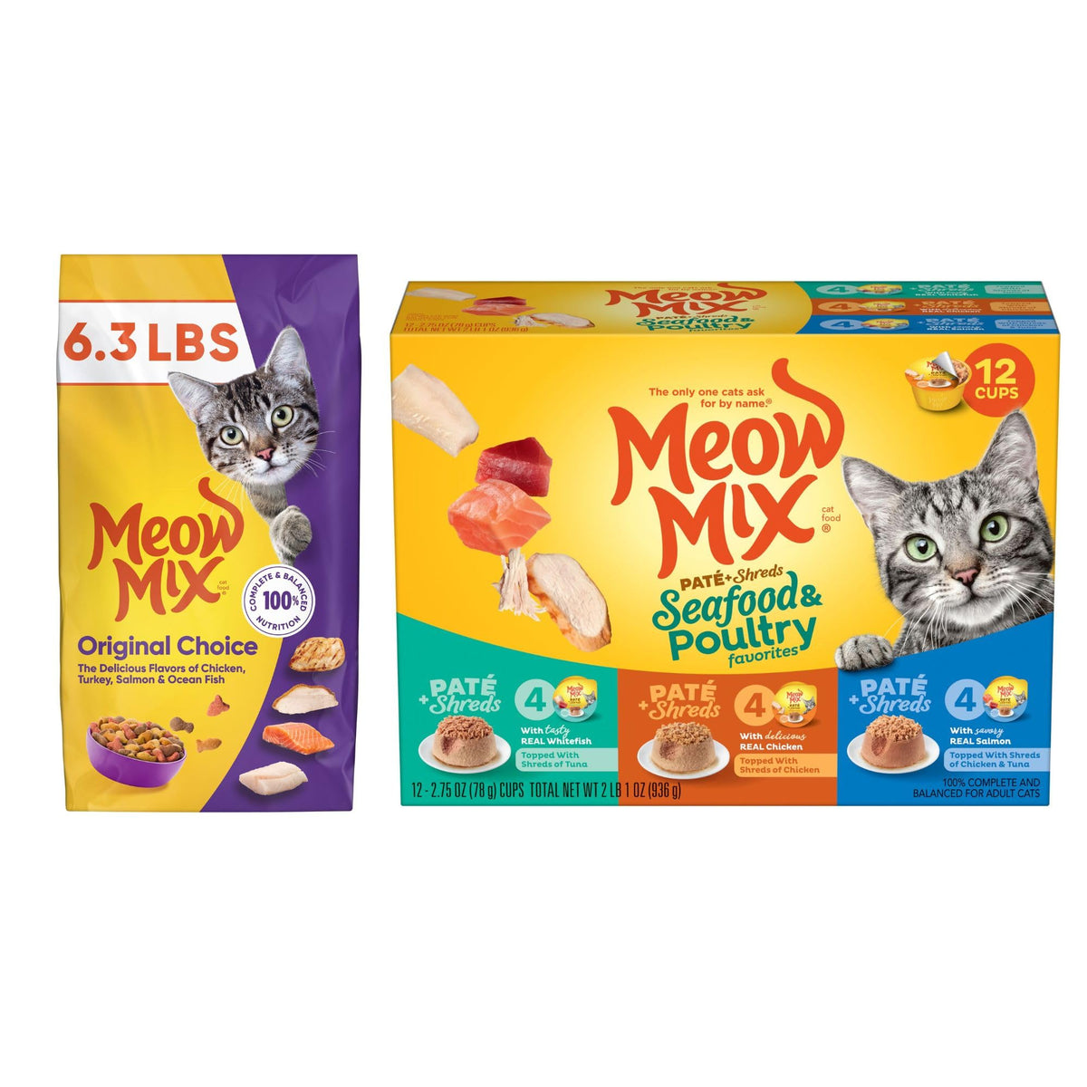 Dry Cat Food 6.3 Pound Bag + Wet Cat Food Variety Pack 2.75 Ounce Cups J62961