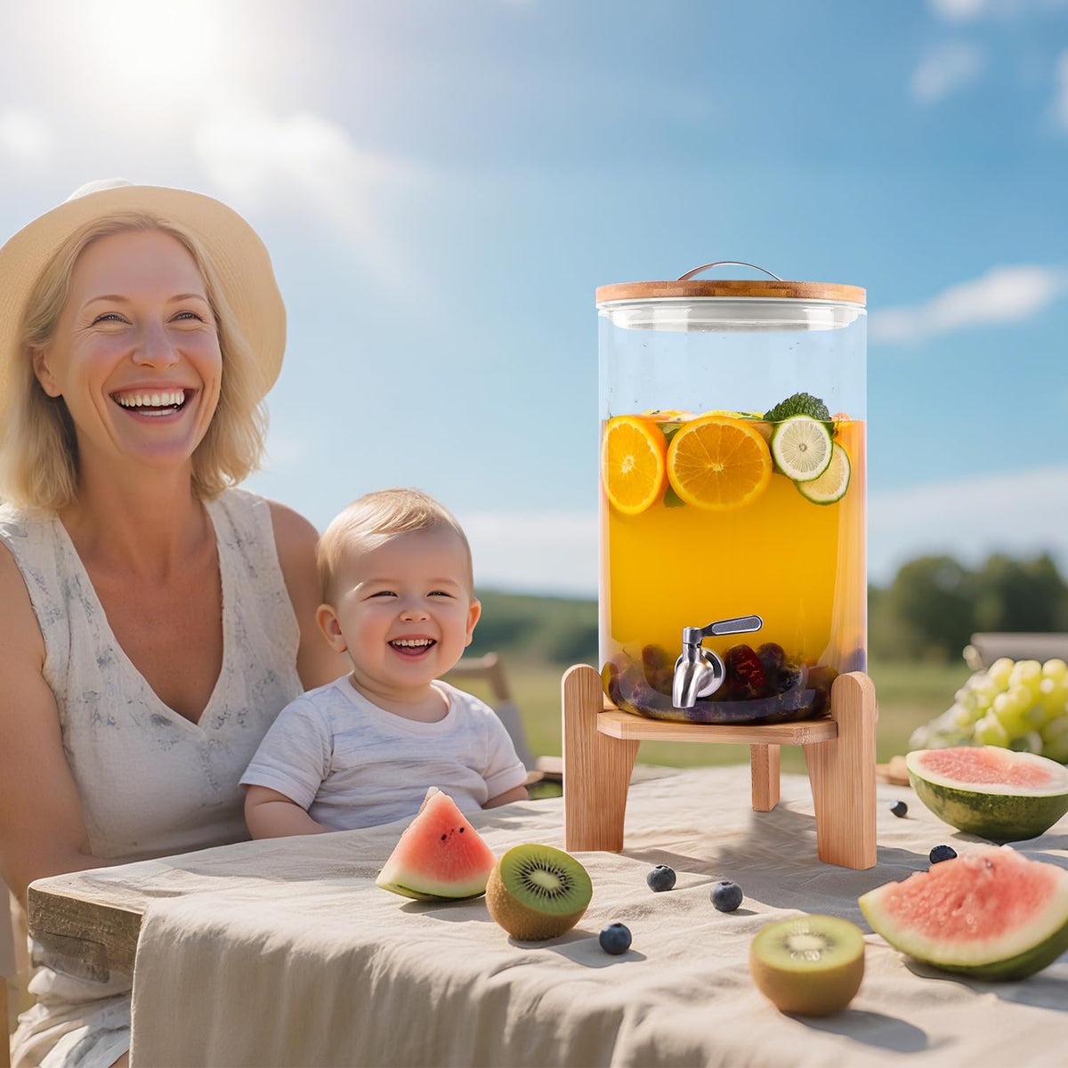 2 Gallon Glass Beverage Dispenser with Wood Stand and Stainless Steel Spigot J5571
