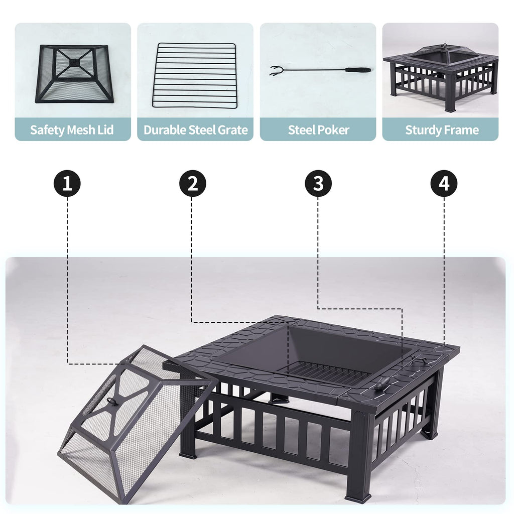 32" Square Wood Burning Fire Pit with Poker and Cover E2171