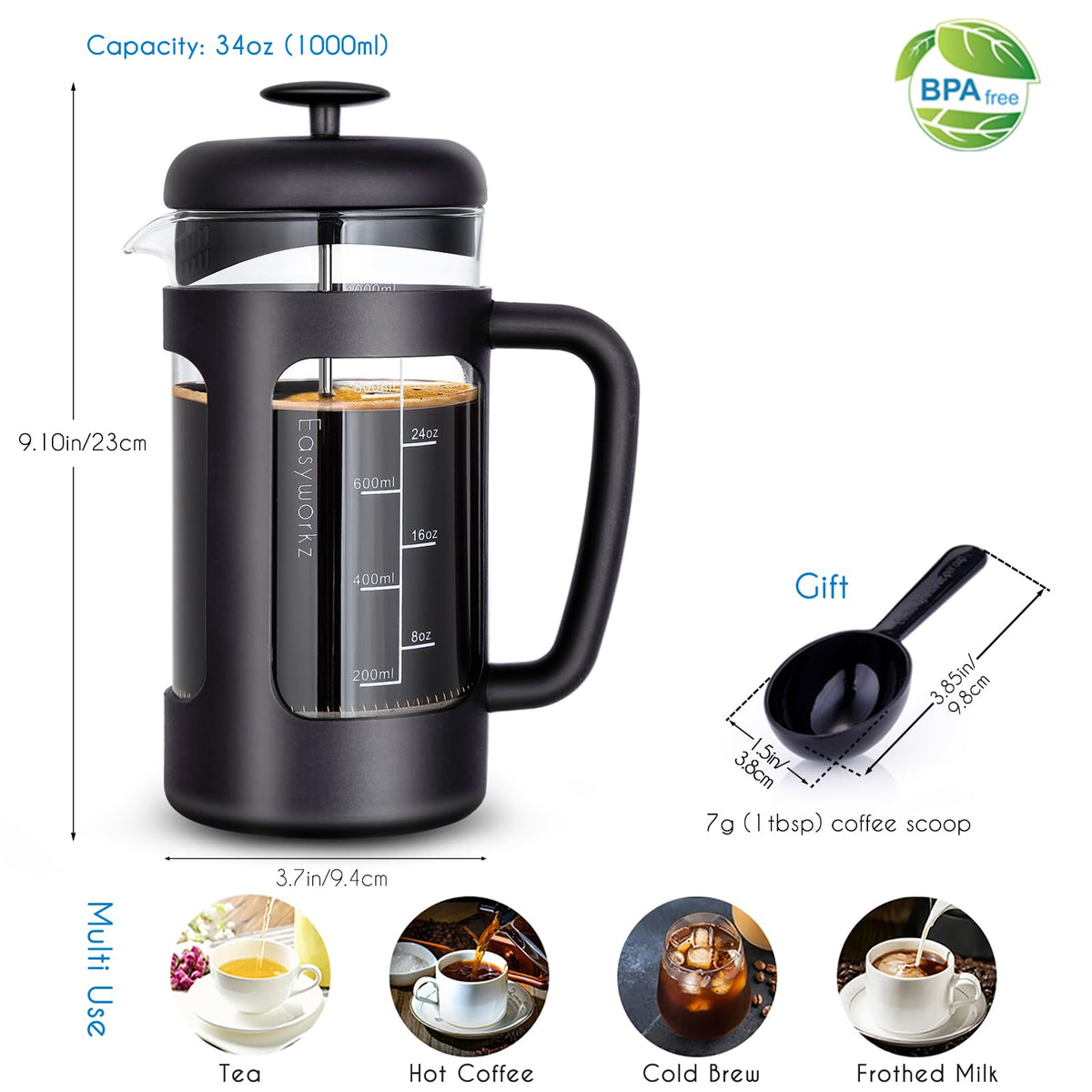 34 oz French Press and Manual Coffee Grinder with Canister W502