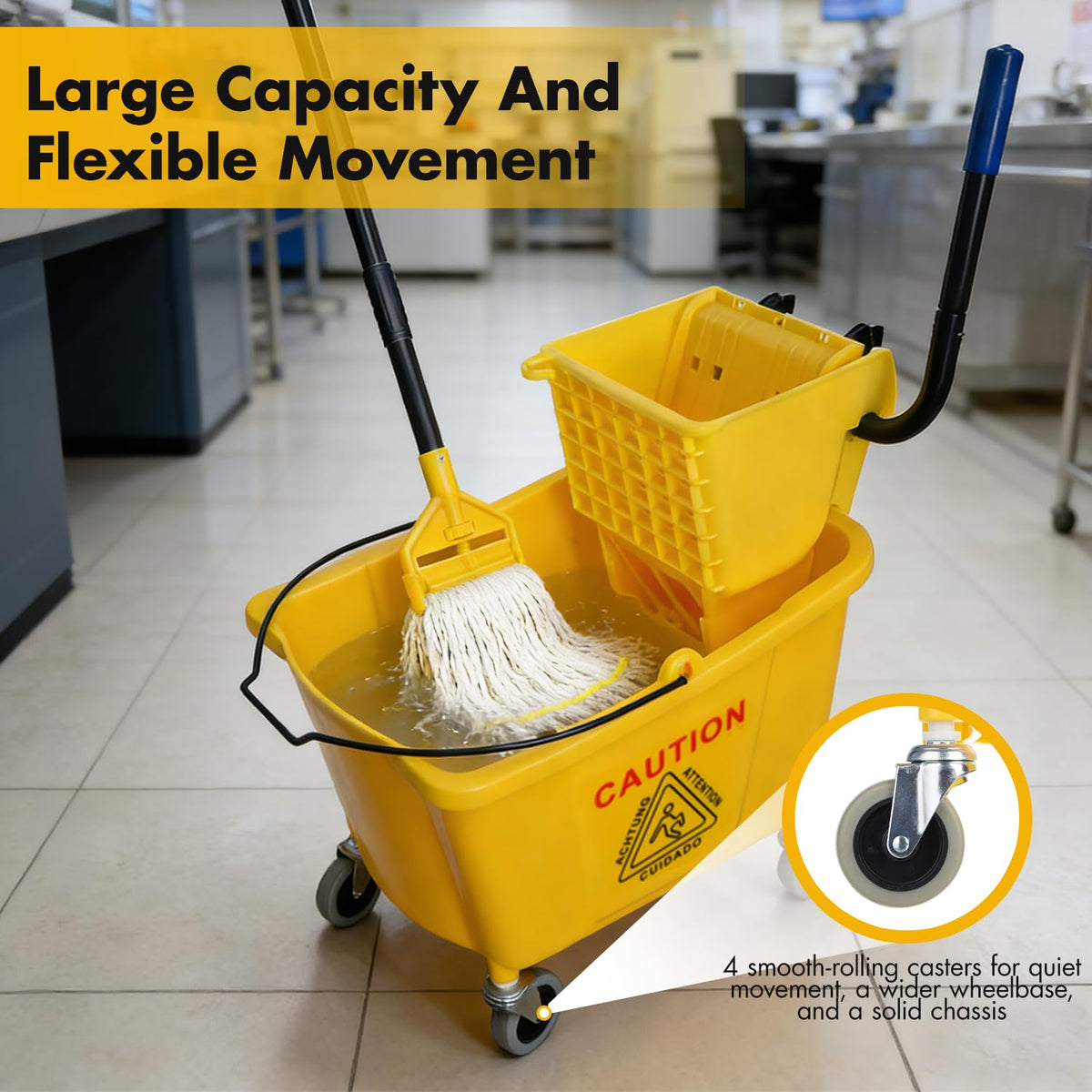 Commercial Mop Bucket with 2 Mop Heads and Caution Sign, 38 Quart J304