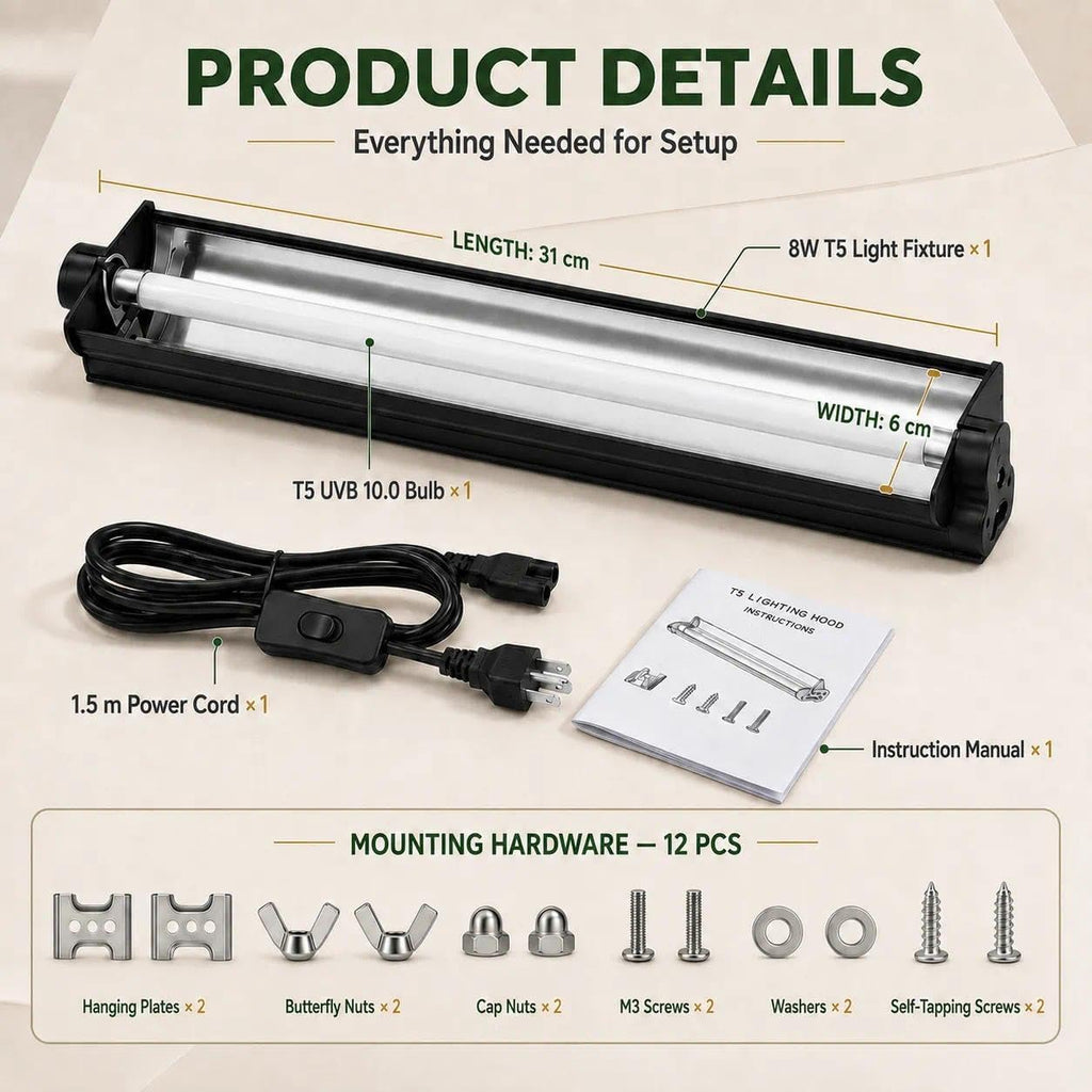 8W 10.0 12 Inch T5 UVB Reptile Light Fixture with Bulb D154