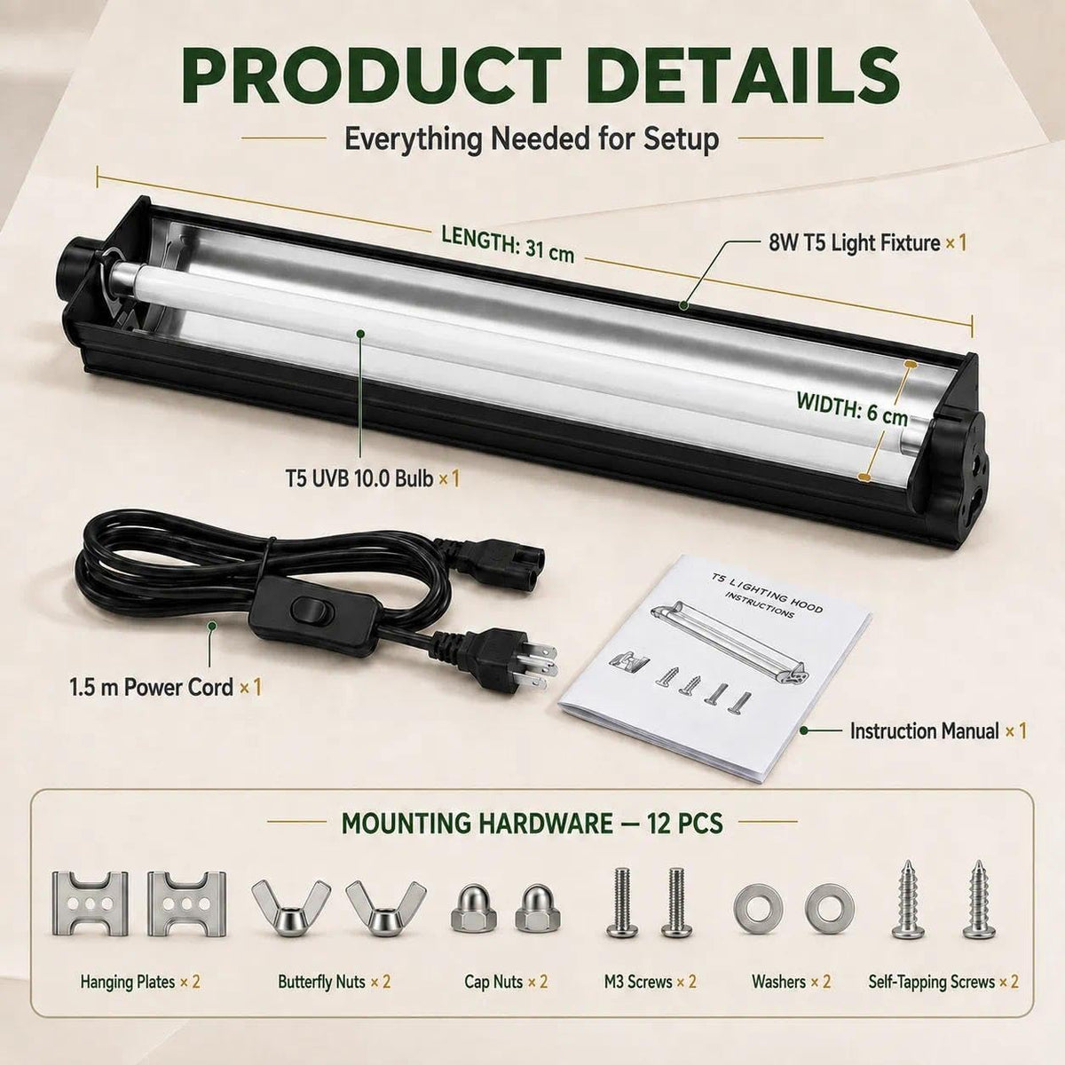 8W 10.0 12 Inch T5 UVB Reptile Light Fixture with Bulb D154