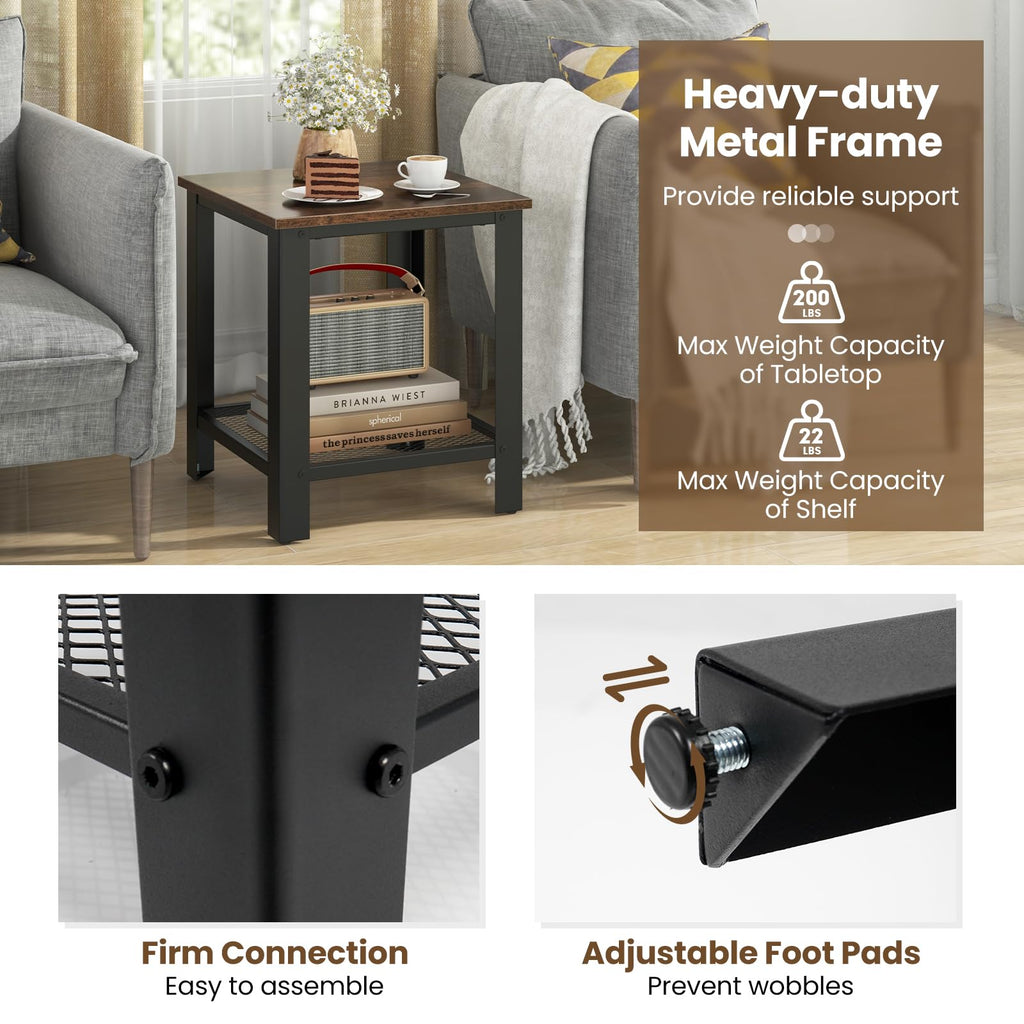 2-Tier End Table Set of 2, 16 Inch Side Table with Mesh Storage Shelf N1819