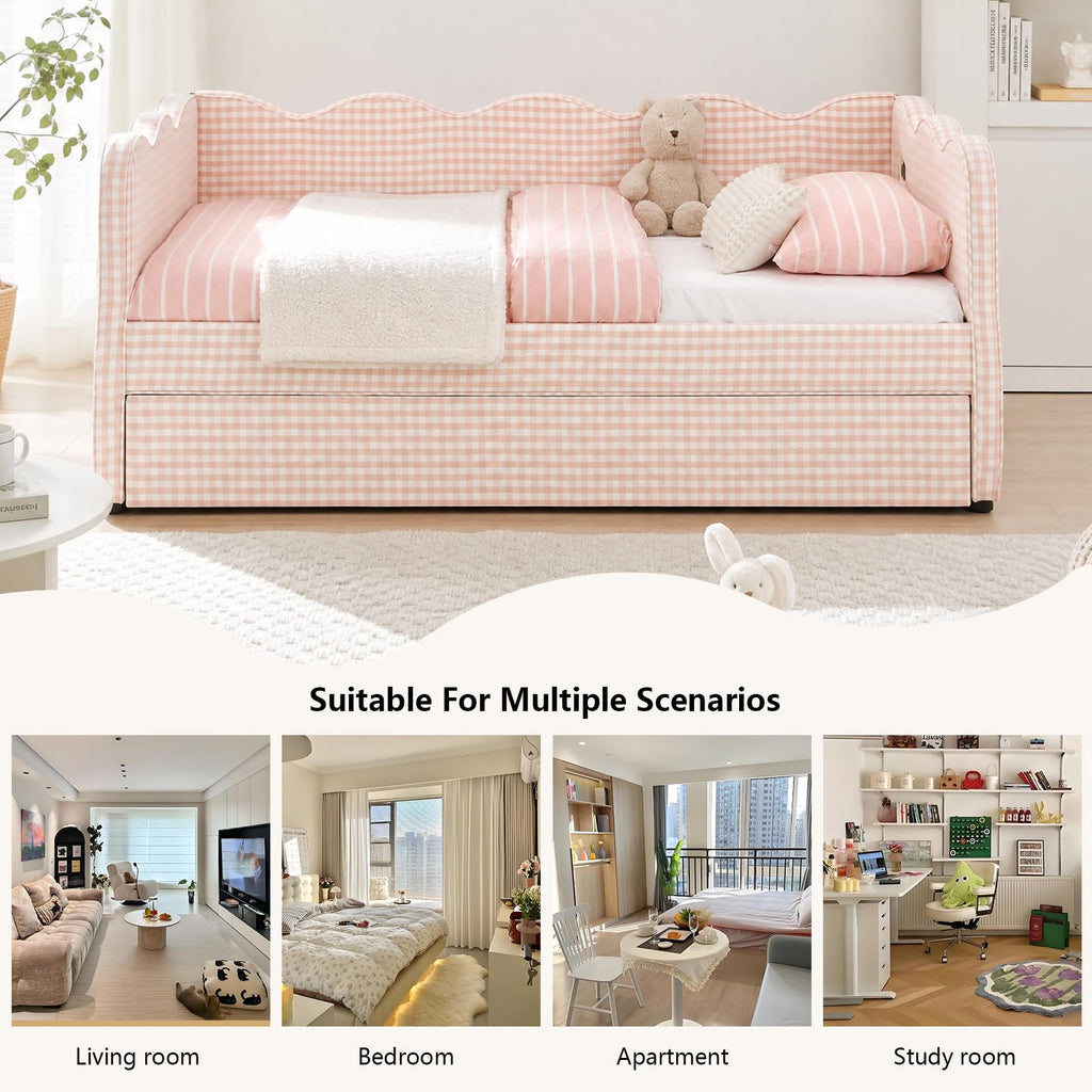 Pink Twin Size Linen Upholstered Daybed with Trundle I946572