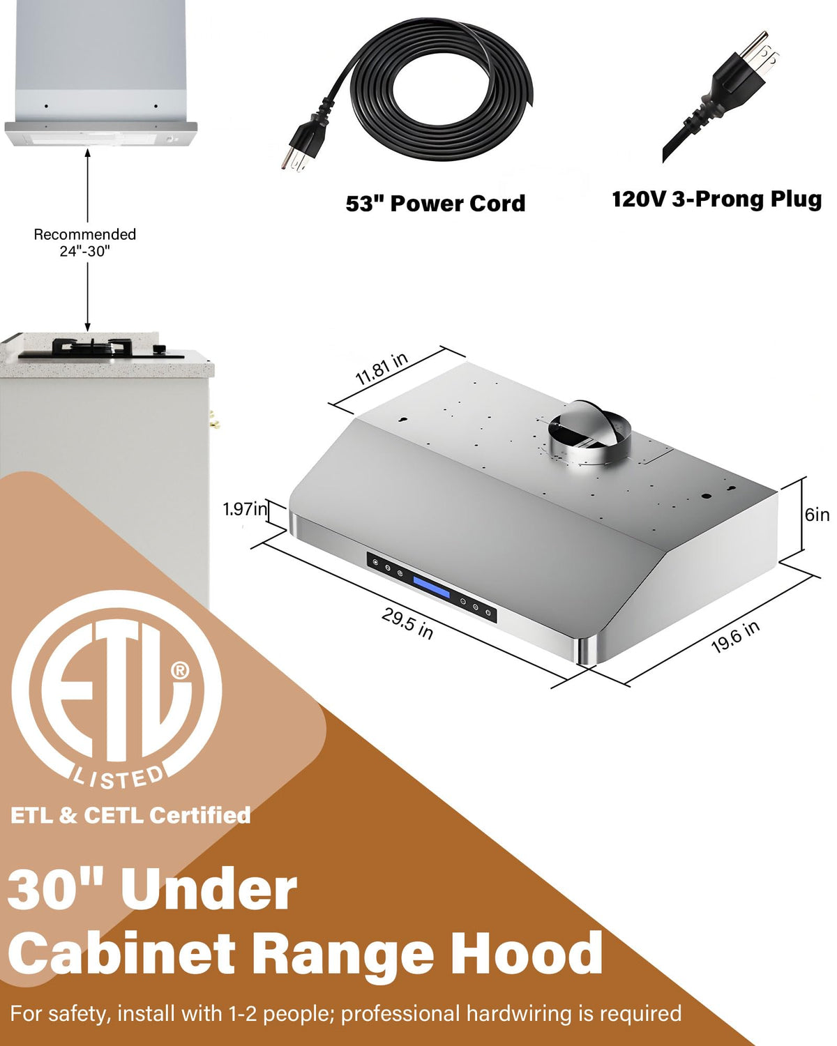 30 inch 900 CFM Stainless Steel Under Cabinet Range Hood J122040