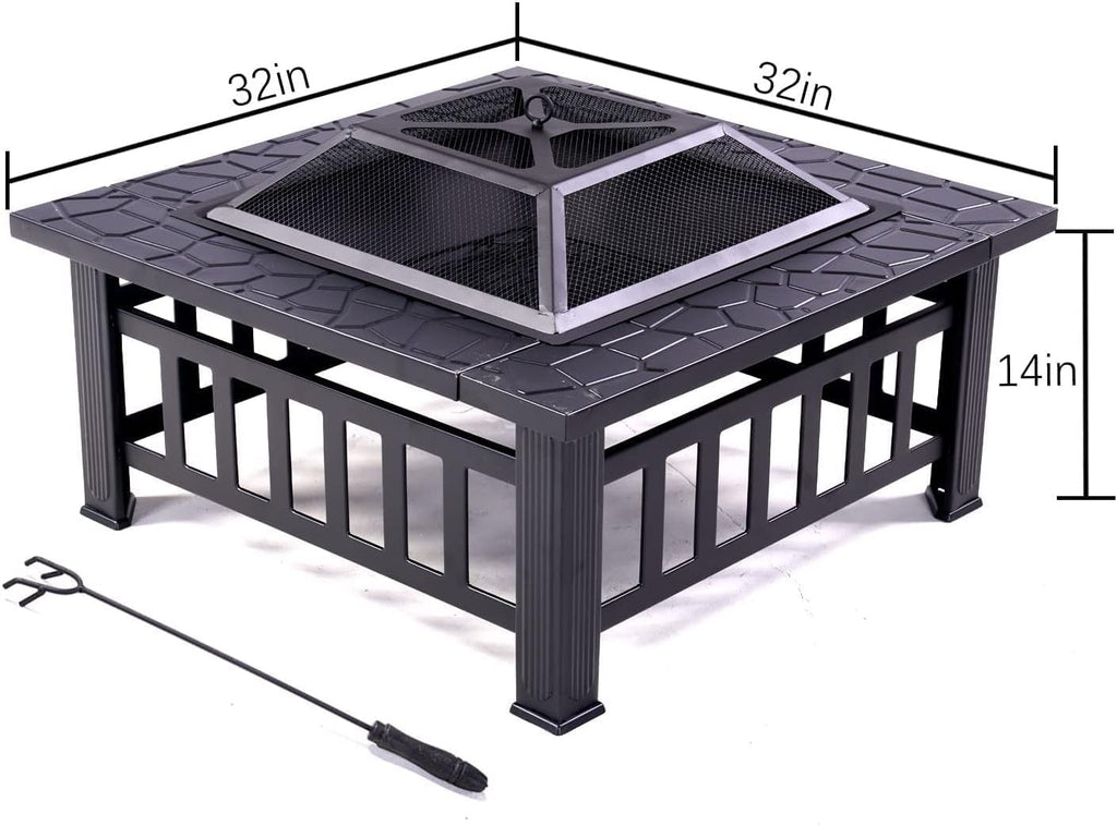 32" Square Wood Burning Fire Pit with Poker and Cover E2171