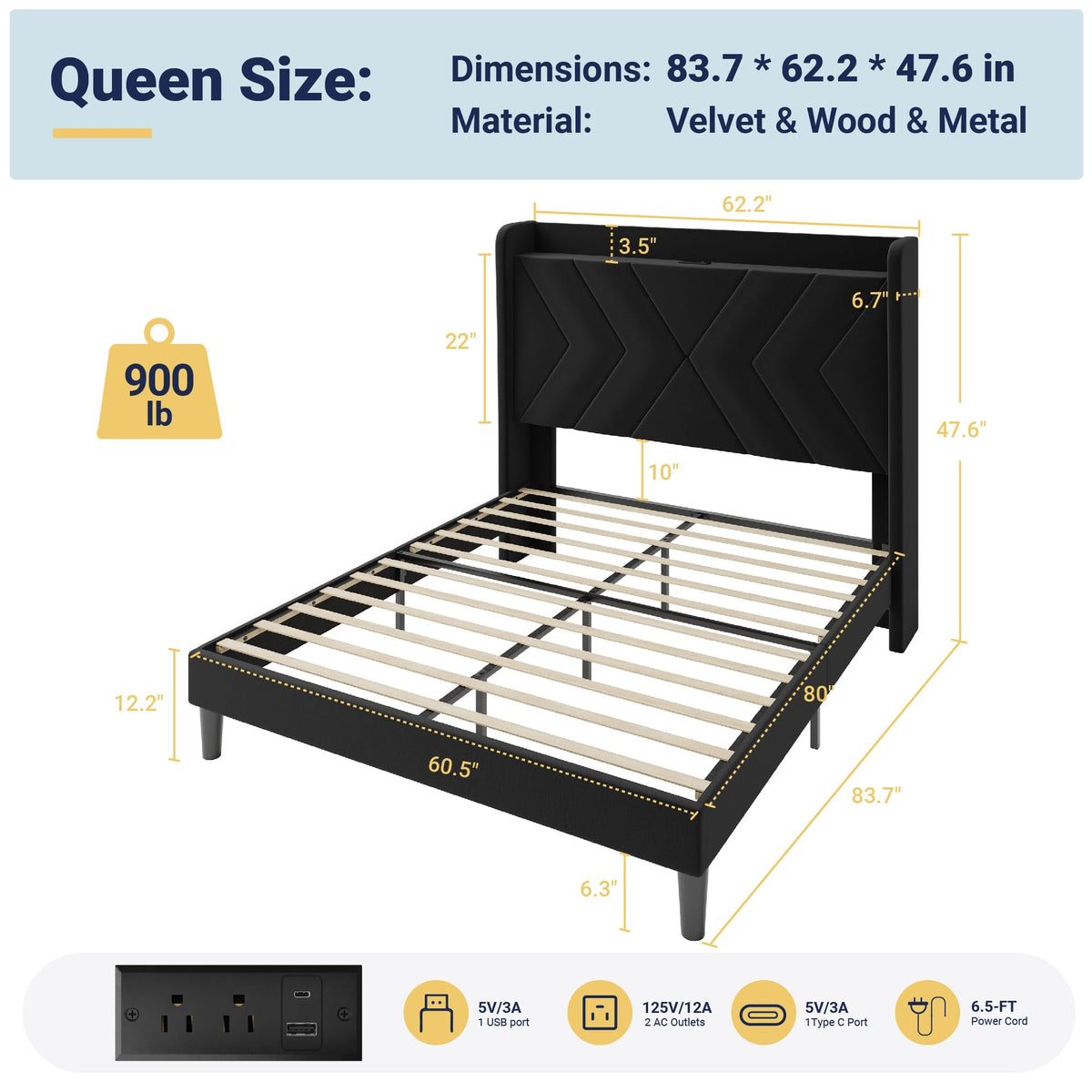 Queen Size Black Velvet Bed Frame with Charging and Shelf J36878