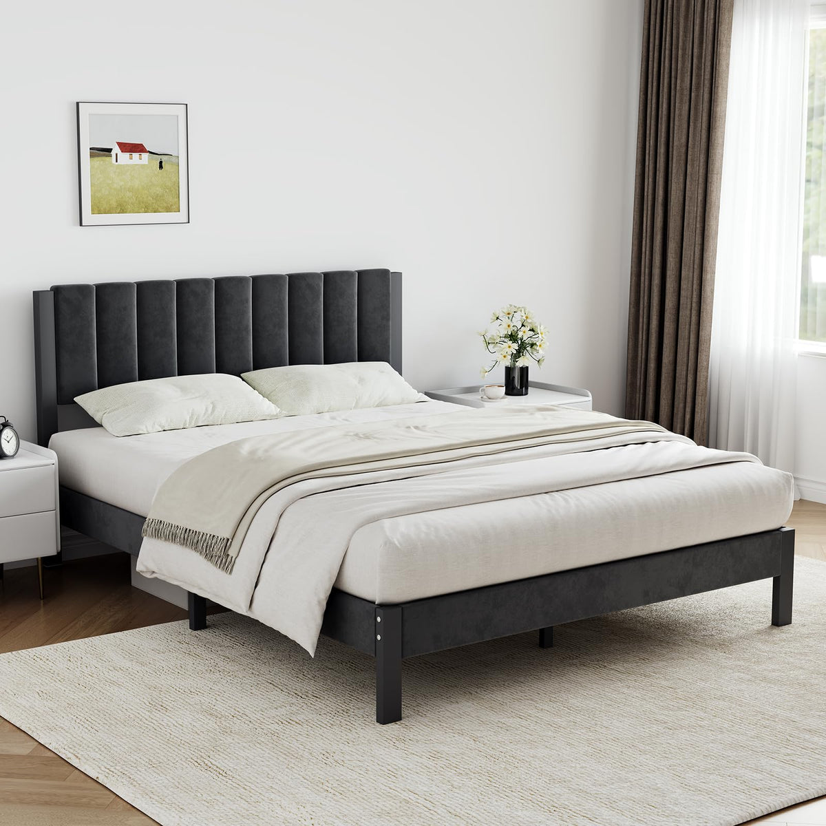 Twin Size Metal Platform Bed Frame with Velvet Headboard and Footboard N383744