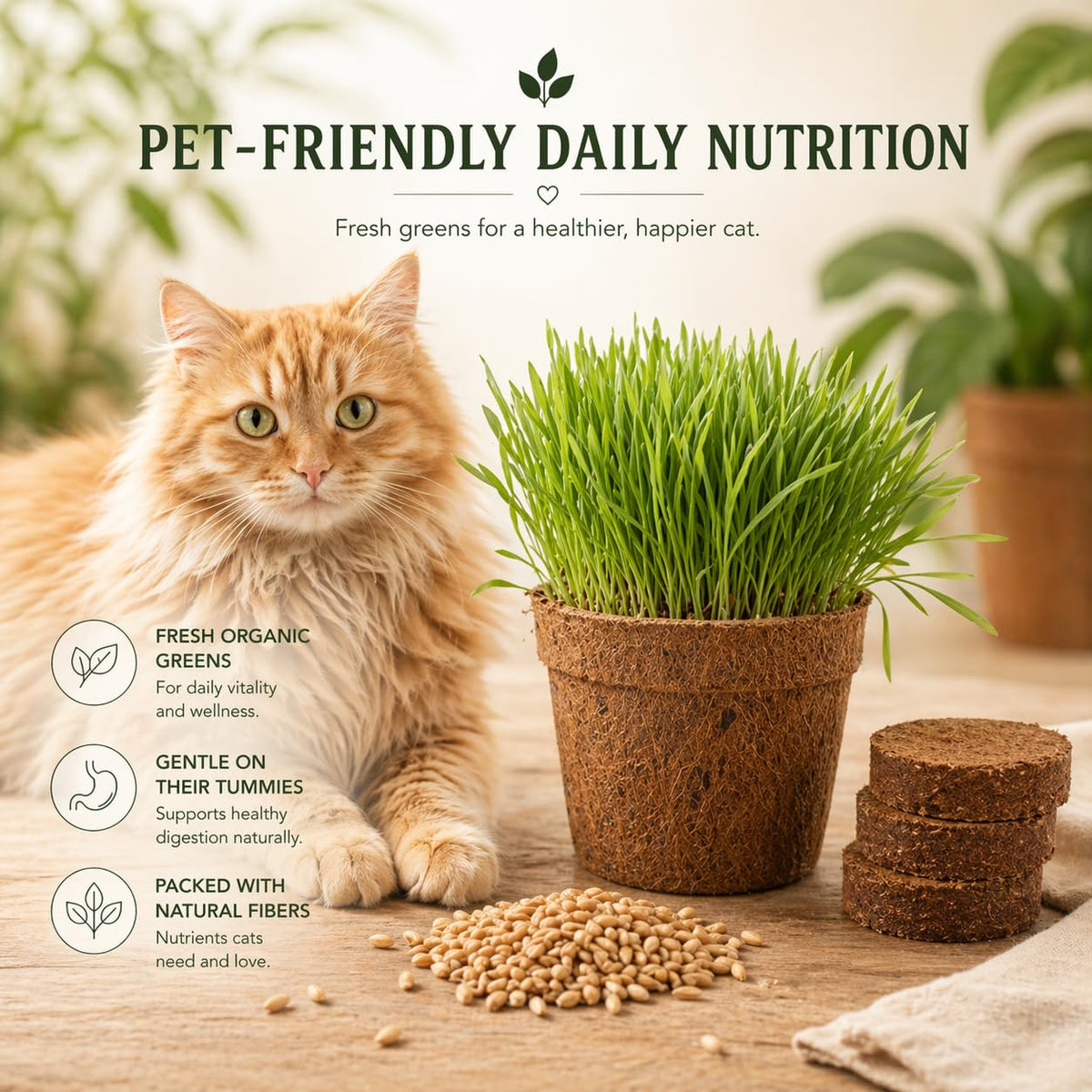 Organic Cat Grass Growing Kit 3 Pack with Soil Discs Coco Fiber Pots and Seeds B952994