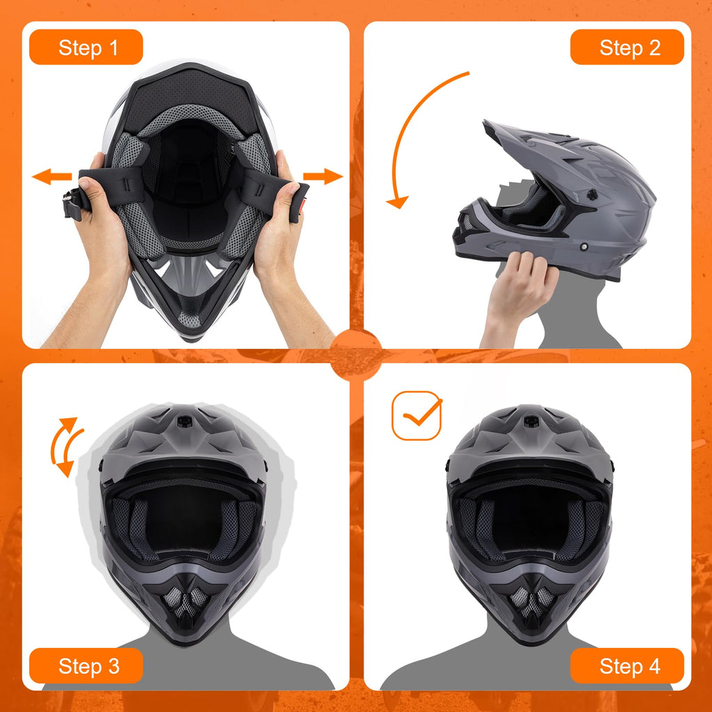 Adult ATV Dirt Bike Helmet with Goggles Gloves & Mask Adjustable Sun Visor Motorcycle Off-Road Motocross Downhill Moped MX Gray L A410