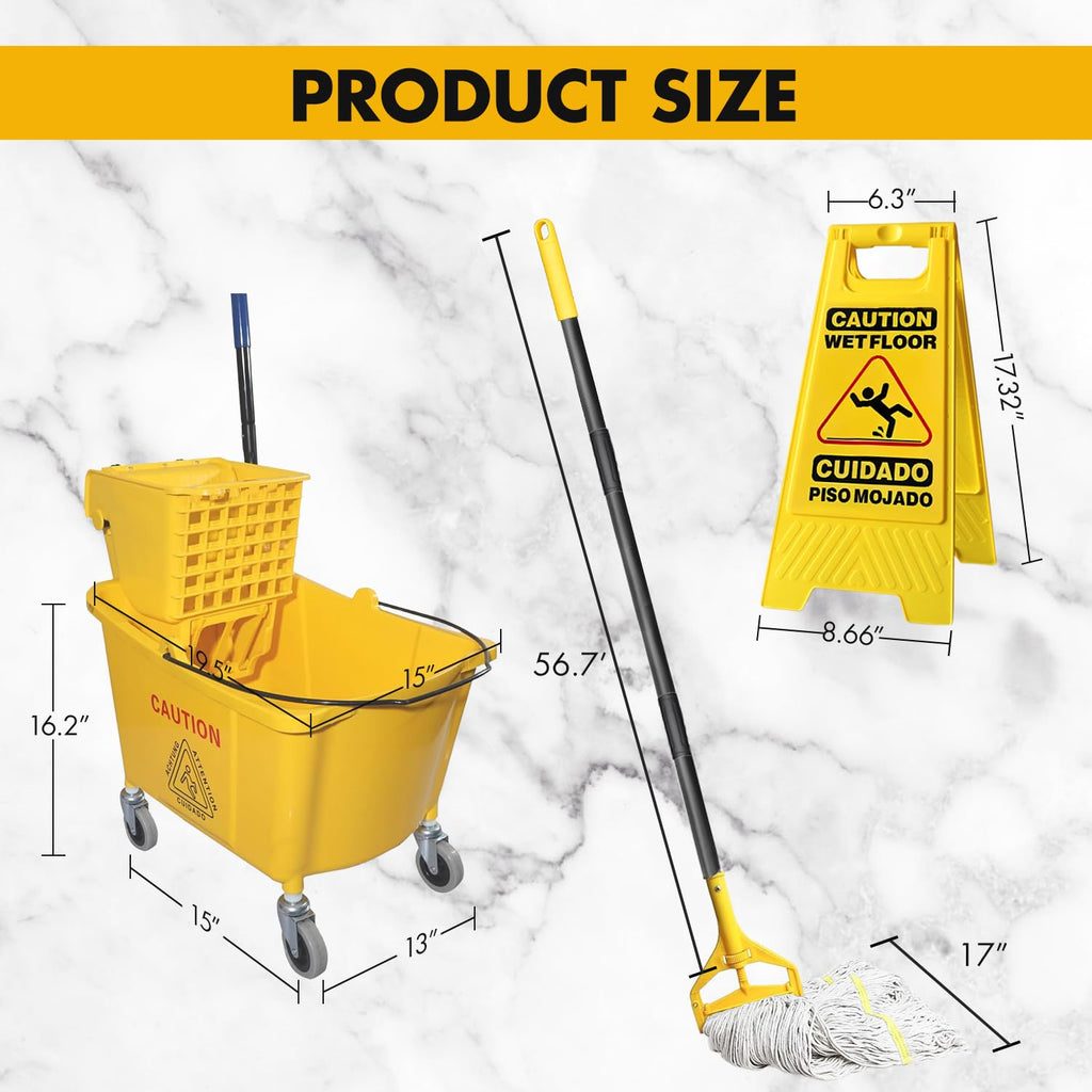 Commercial Mop Bucket with 2 Mop Heads and Caution Sign, 38 Quart J304