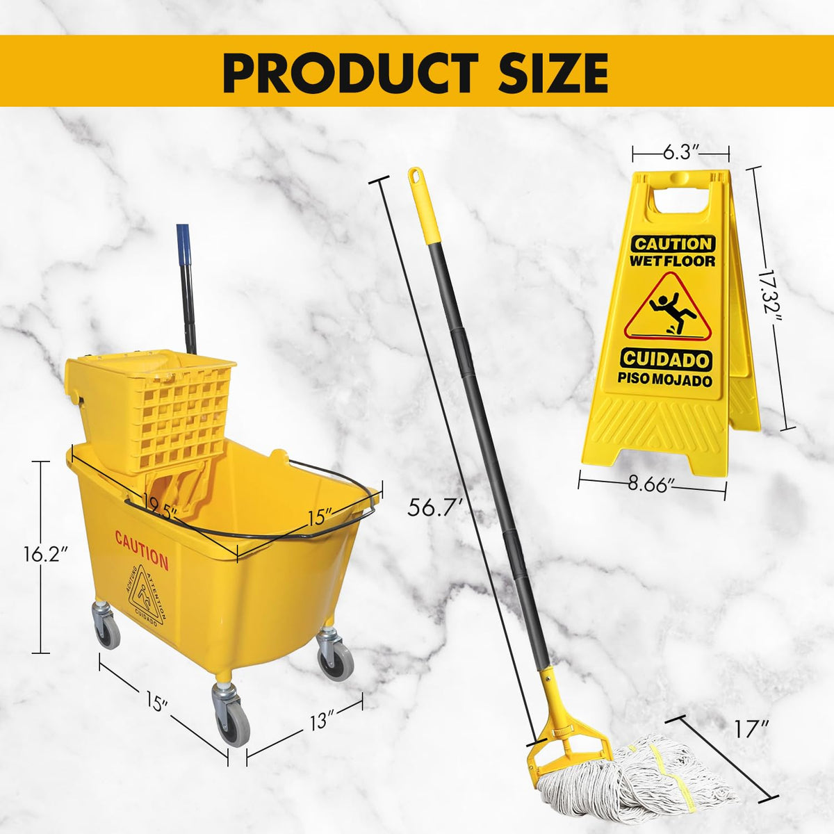 Commercial Mop Bucket with 2 Mop Heads and Caution Sign, 38 Quart J304