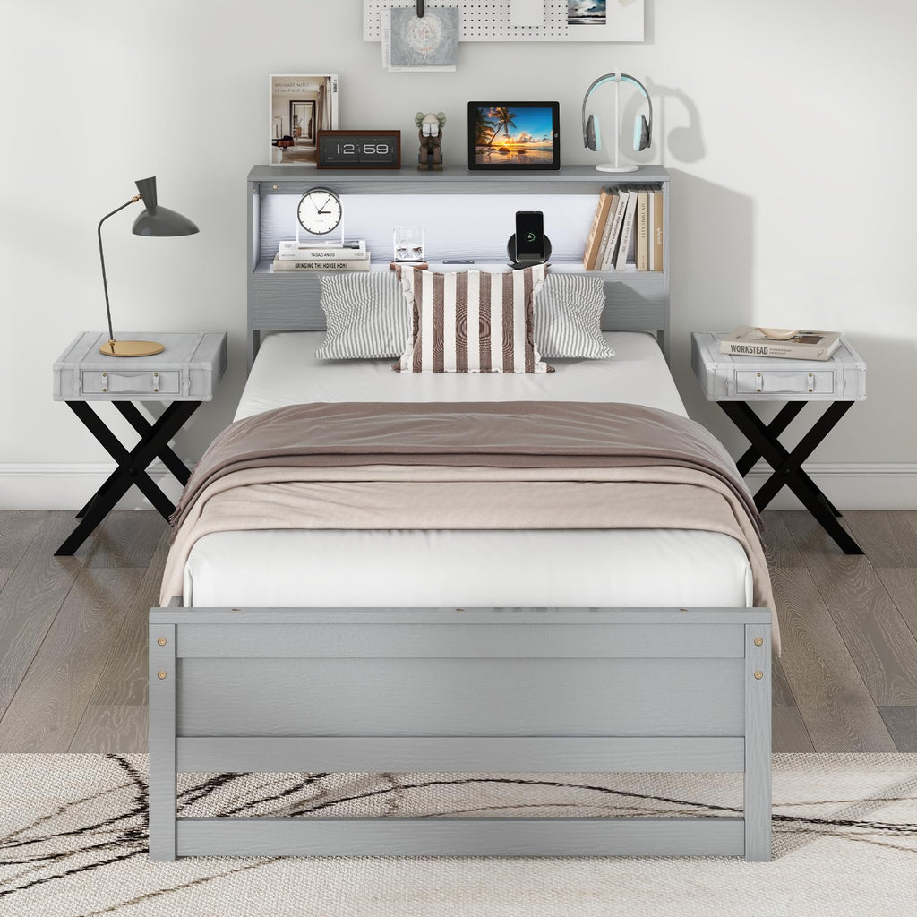 Twin Wood Platform Bed with Storage Headboard and Charging Station B49797
