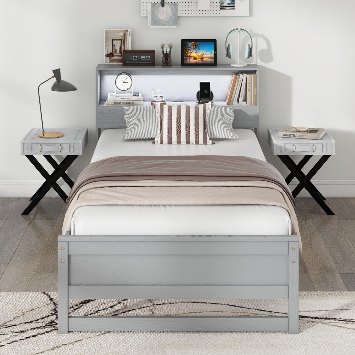 Twin Wood Platform Bed with Storage Headboard and Charging Station B49797