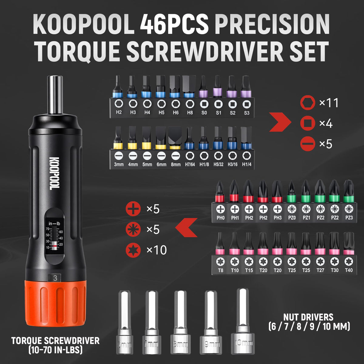 46Pcs Torque Screwdriver Set 1/4" 10-70 in-lb O5955