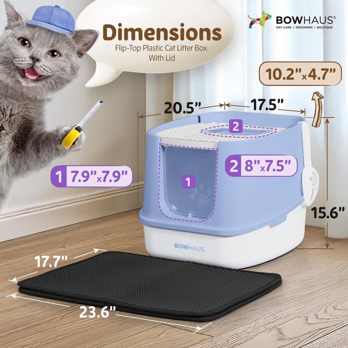Fully Enclosed Cat Litter Box with Lid, Scoop, Mat, Double Door, Blue R74442