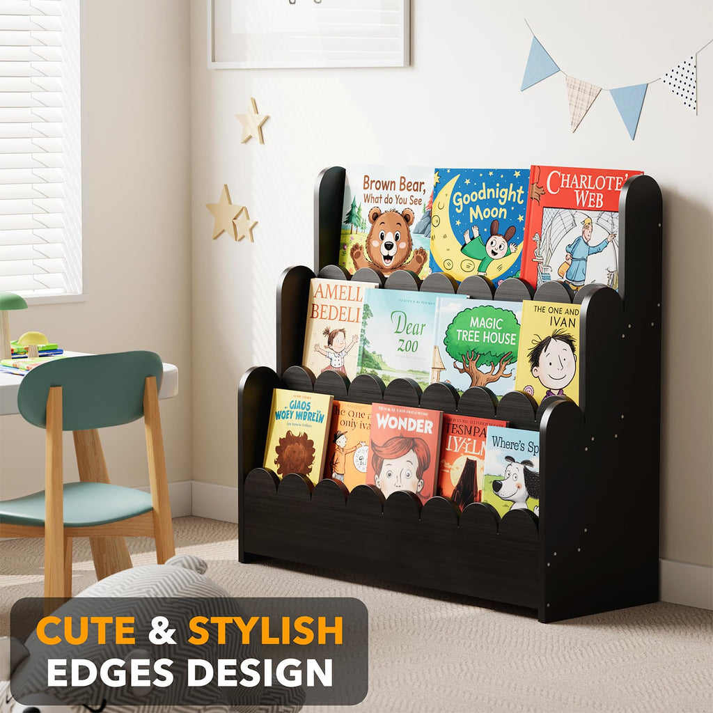 Black 3-Tier Scalloped Wooden Bookshelf J79582
