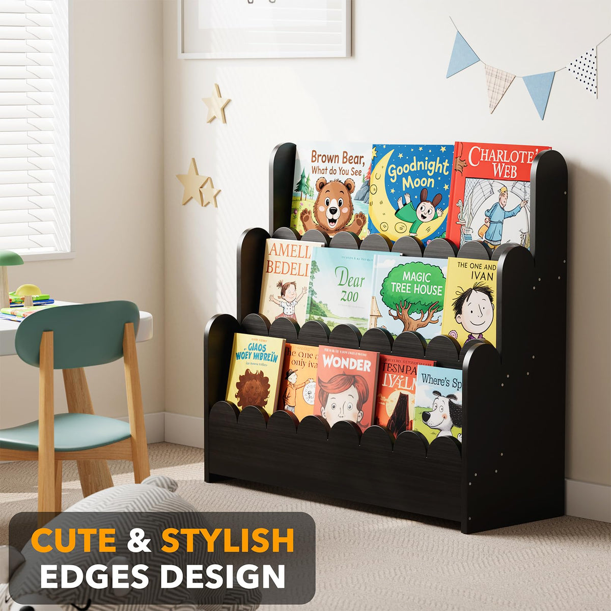 Black 3-Tier Scalloped Wooden Bookshelf J79582