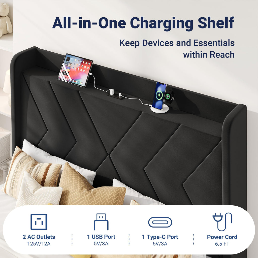 Queen Size Black Velvet Bed Frame with Charging and Shelf J36878