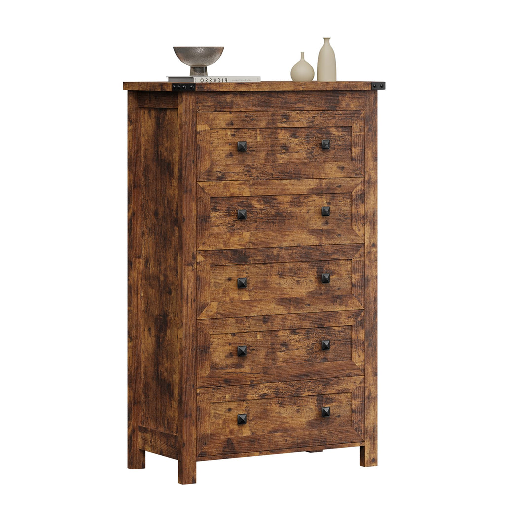 Brown Tall 5 Drawer Wood Dresser with Metal Handles C895797