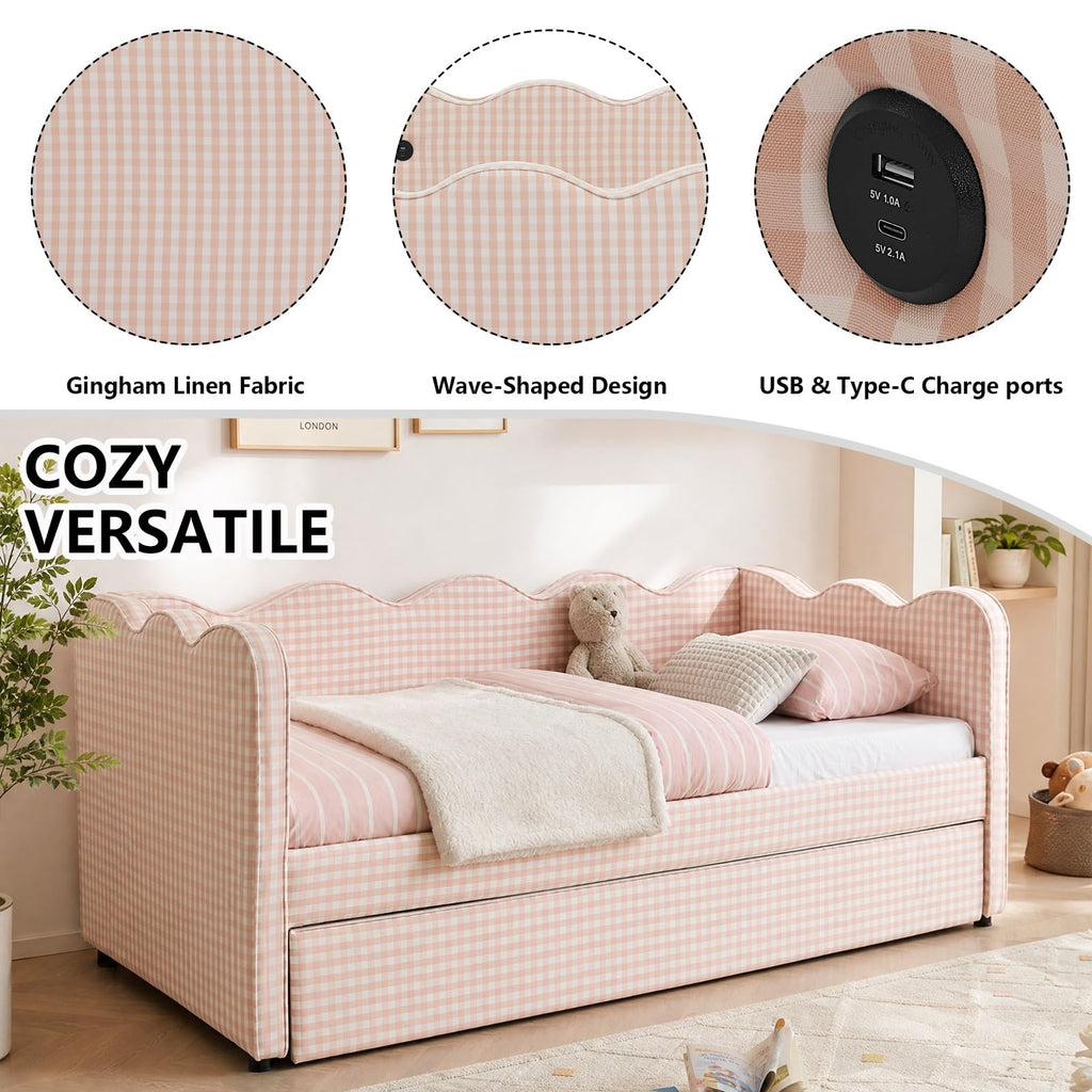 Pink Twin Size Linen Upholstered Daybed with Trundle I946572