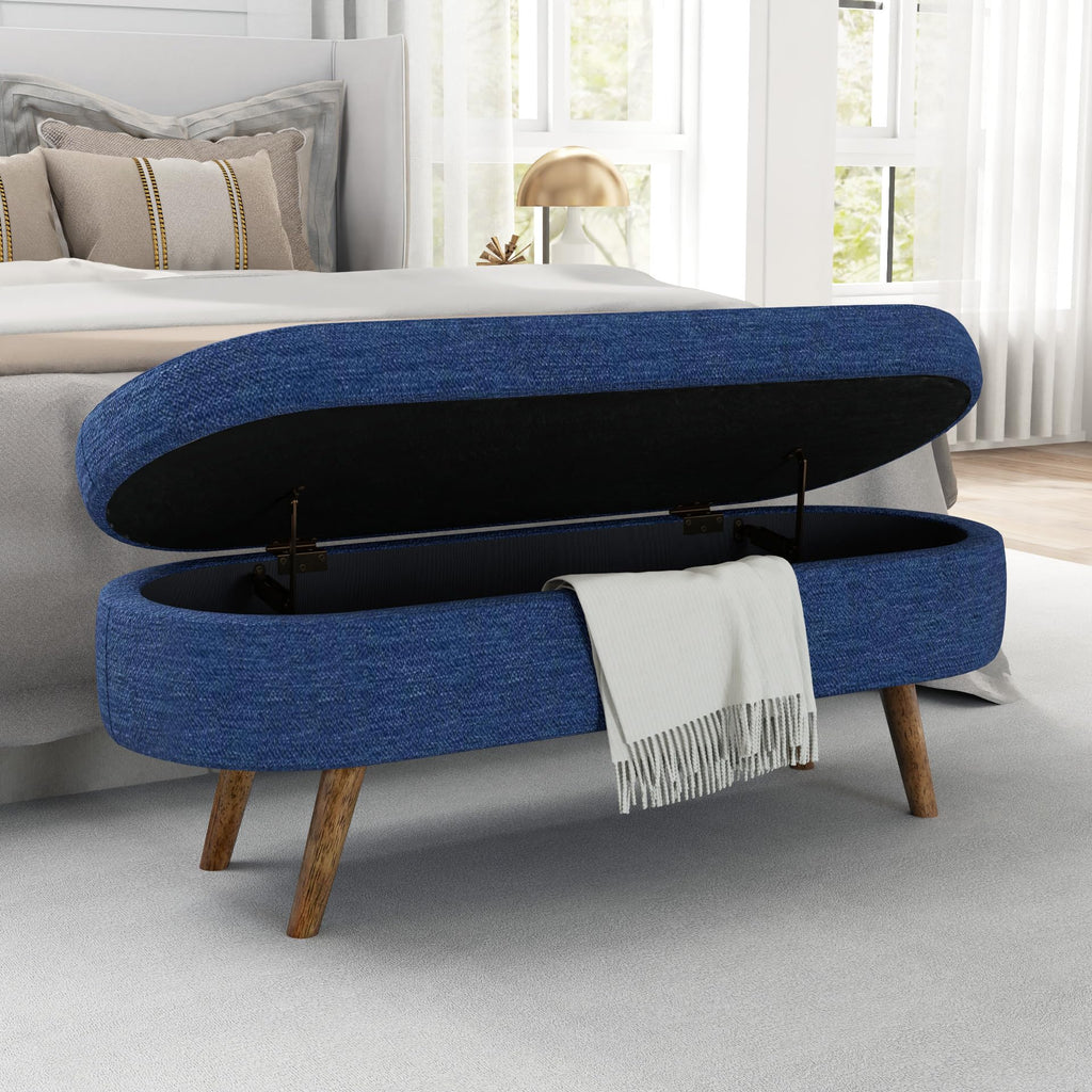Oval Storage Bench with Rubber Wood Legs, Blue A664555