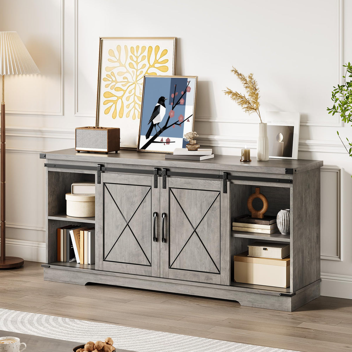 Farmhouse TV Stand with Sliding Barn Doors and Storage Cabinets J227