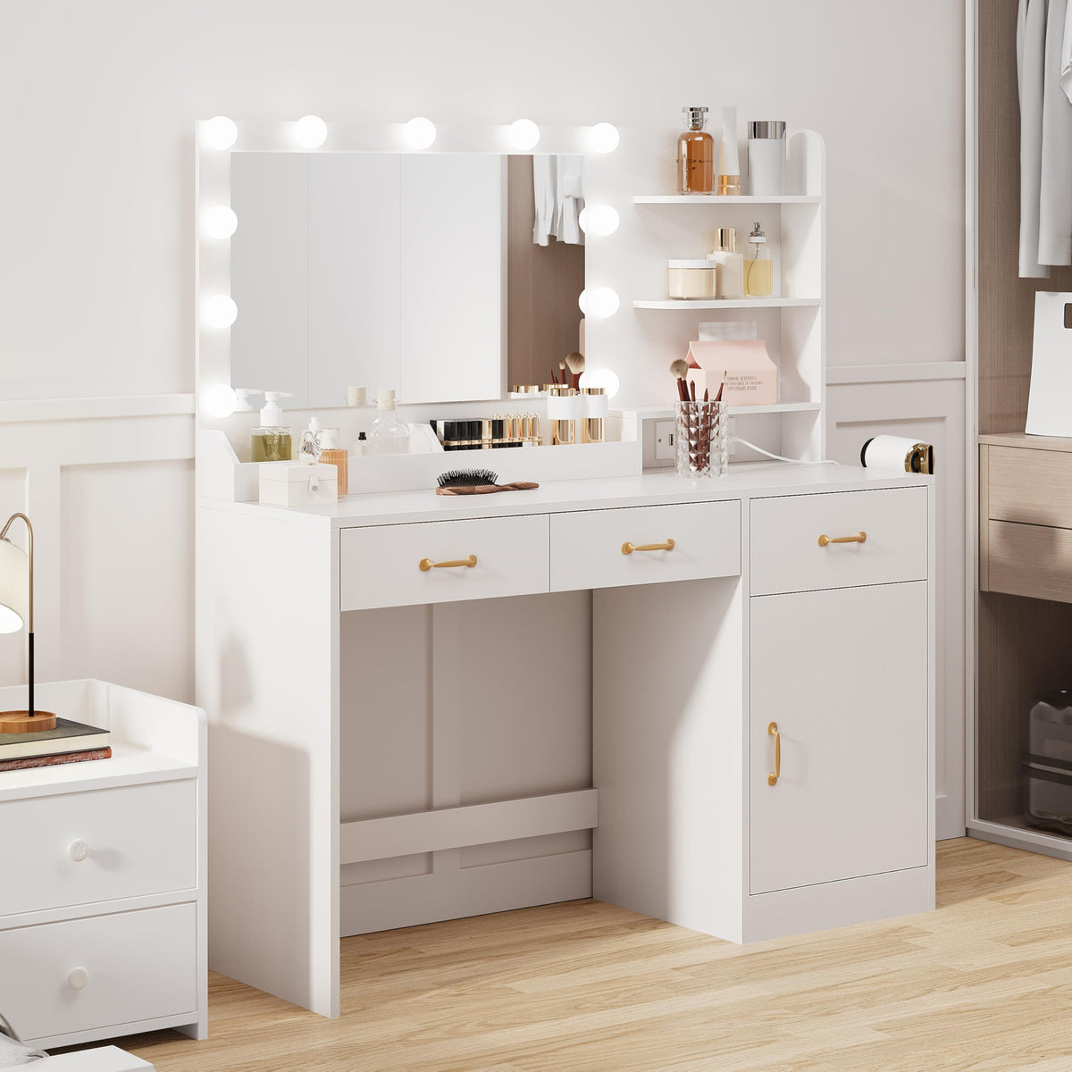 White Vanity Desk with Mirror and Lights L643