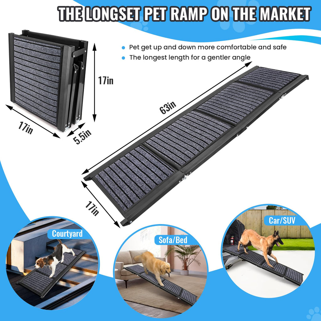 Folding Dog Ramp for Cars, 63"x17" Non-Slip Portable Pet Ramp T6037