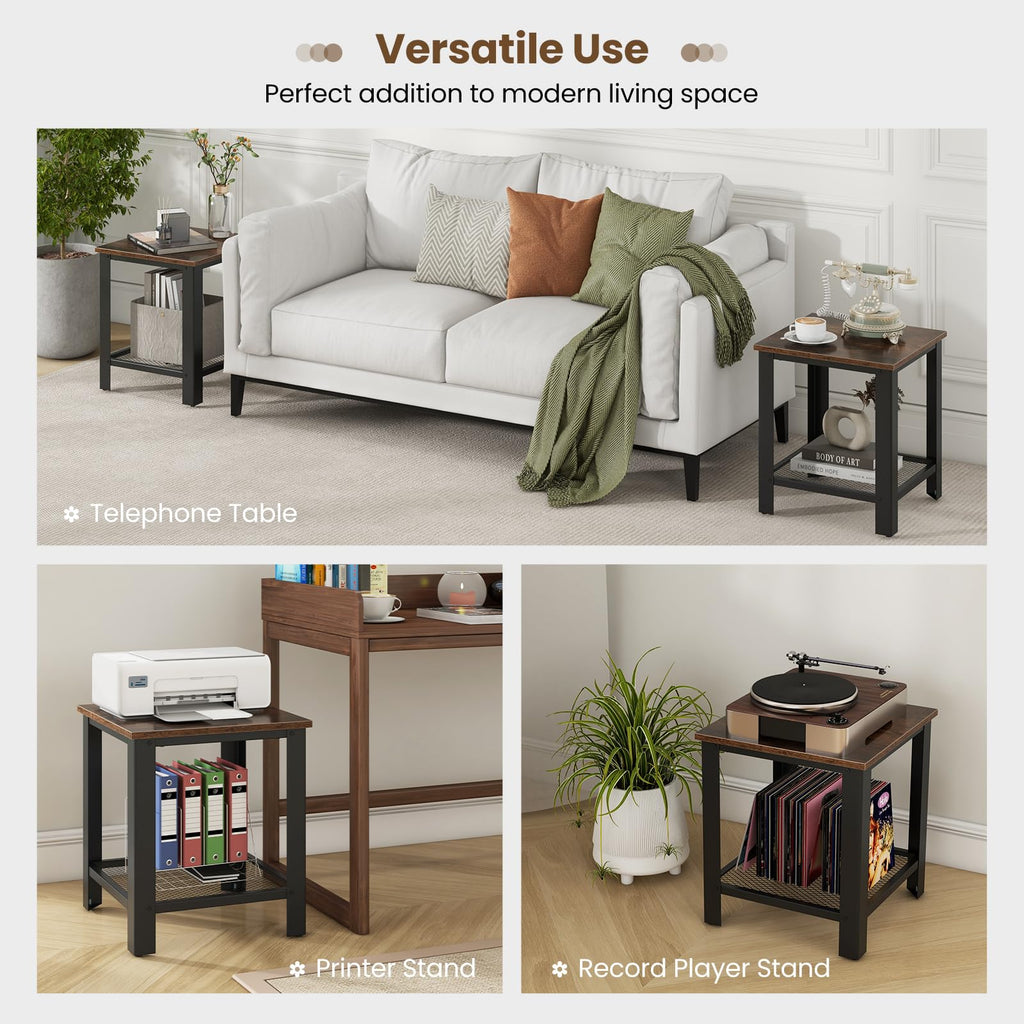 2-Tier End Table Set of 2, 16 Inch Side Table with Mesh Storage Shelf N1819