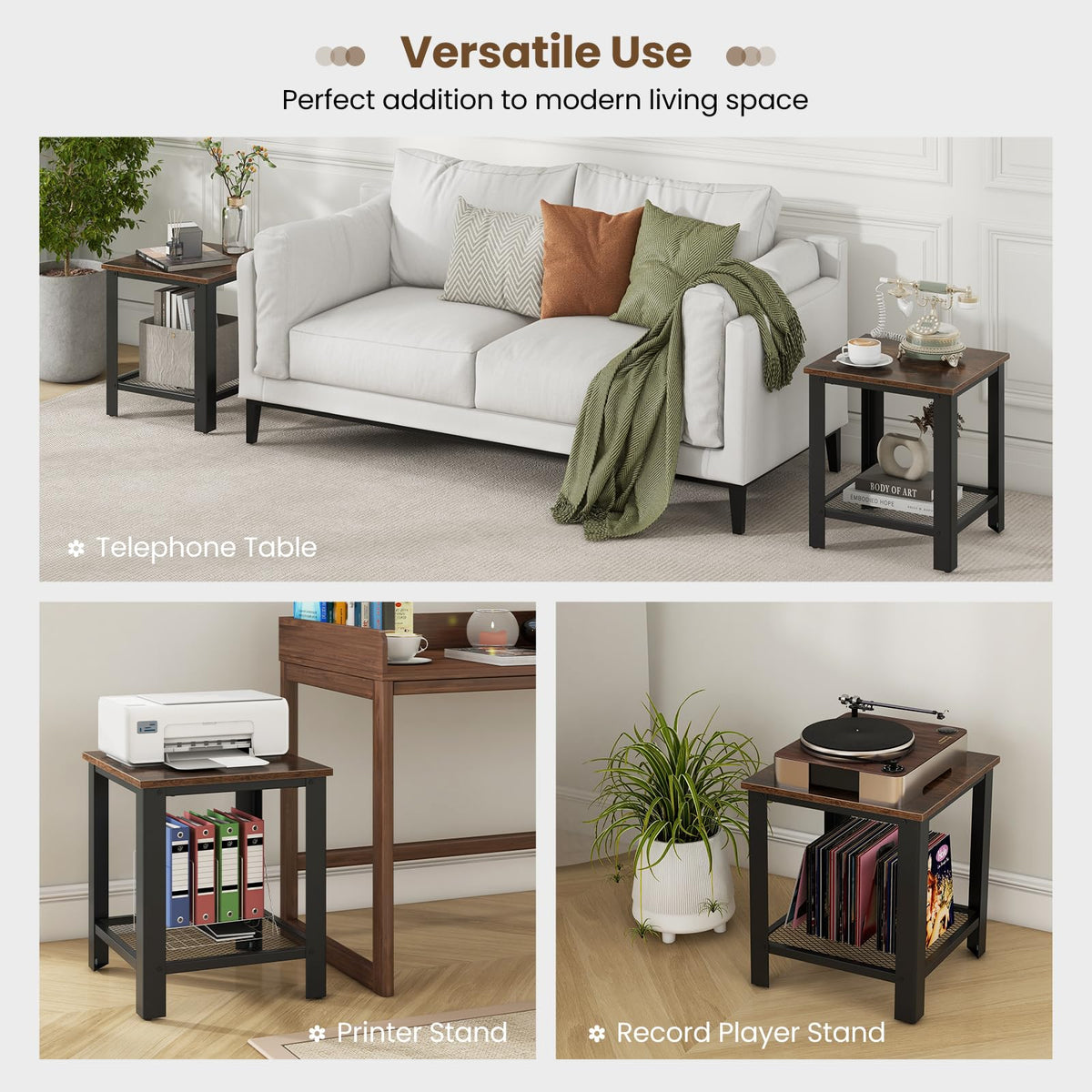 2-Tier End Table Set of 2, 16 Inch Side Table with Mesh Storage Shelf N1819