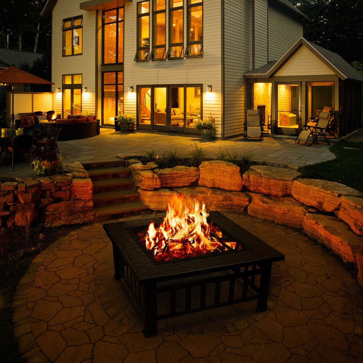 32" Square Wood Burning Fire Pit with Poker and Cover E2171
