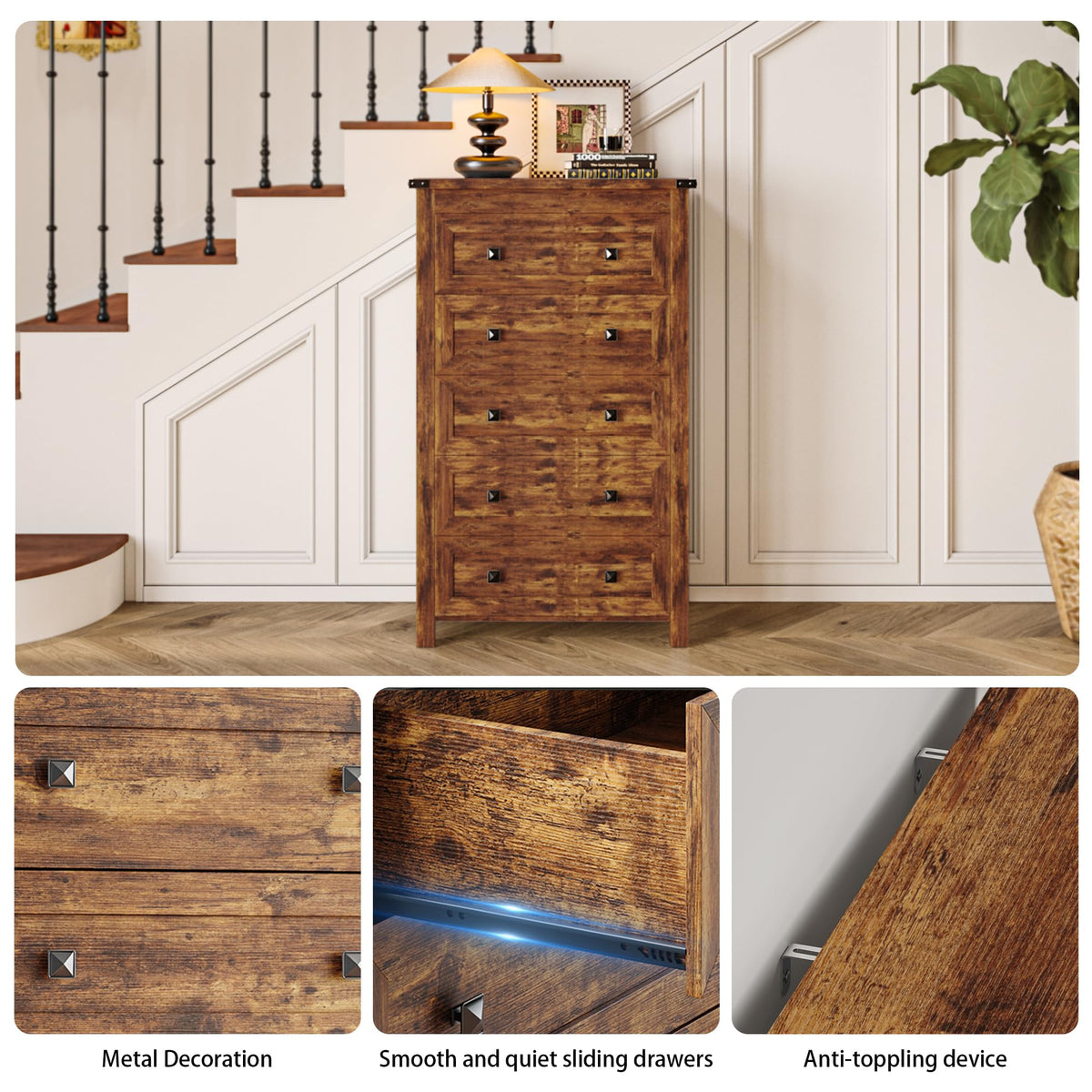 Brown Tall 5 Drawer Wood Dresser with Metal Handles C895797