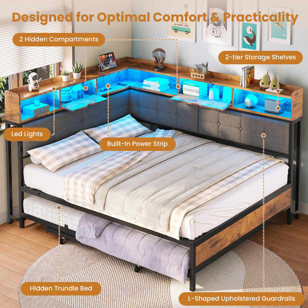Black Corner Full Bed Frame with Trundle P598