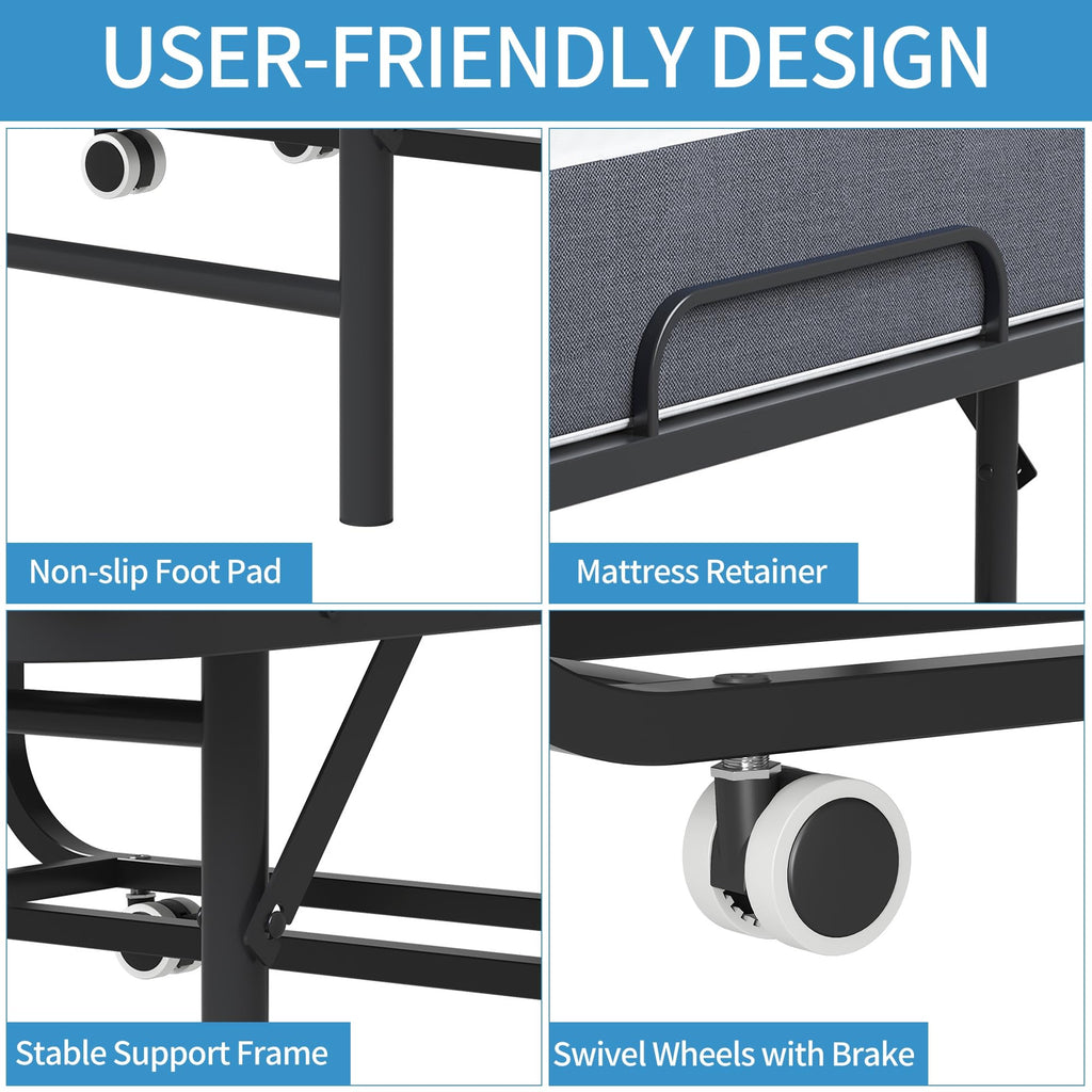 Folding Bed with Mattress, Twin Size Metal Bed Frame with Wheels S874