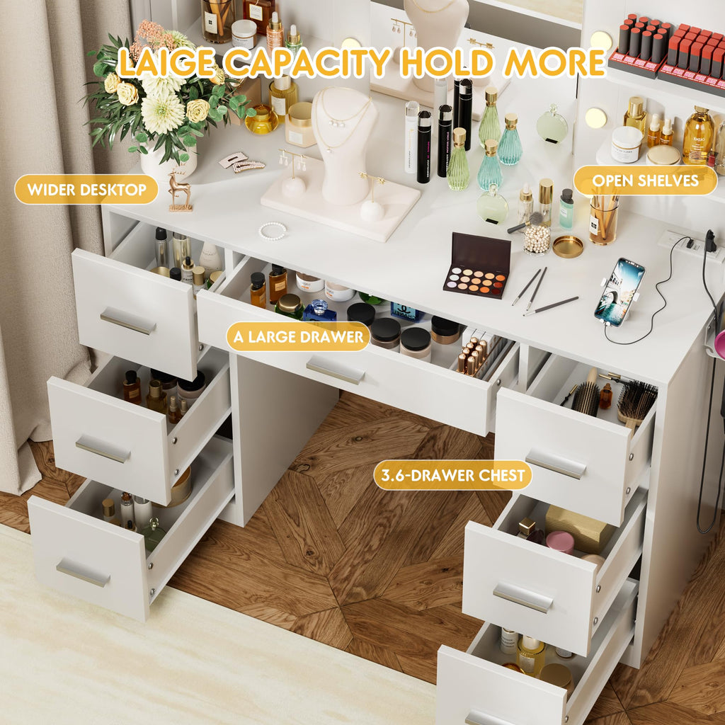 White Vanity Desk with Lighted Mirror and 7 Drawers O933