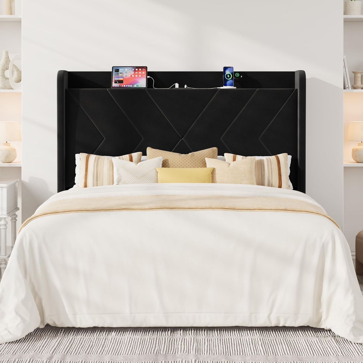 Queen Size Black Velvet Bed Frame with Charging and Shelf J36878