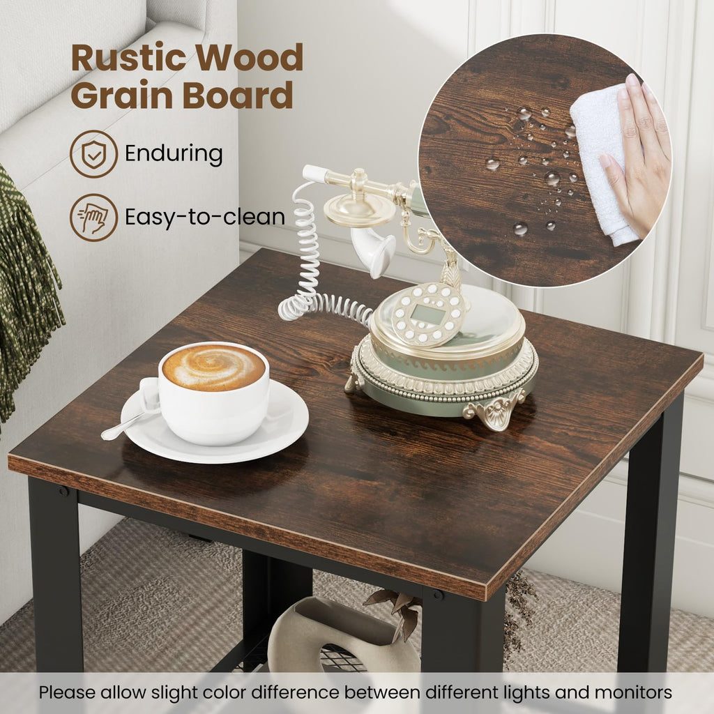 2-Tier End Table Set of 2, 16 Inch Side Table with Mesh Storage Shelf N1819