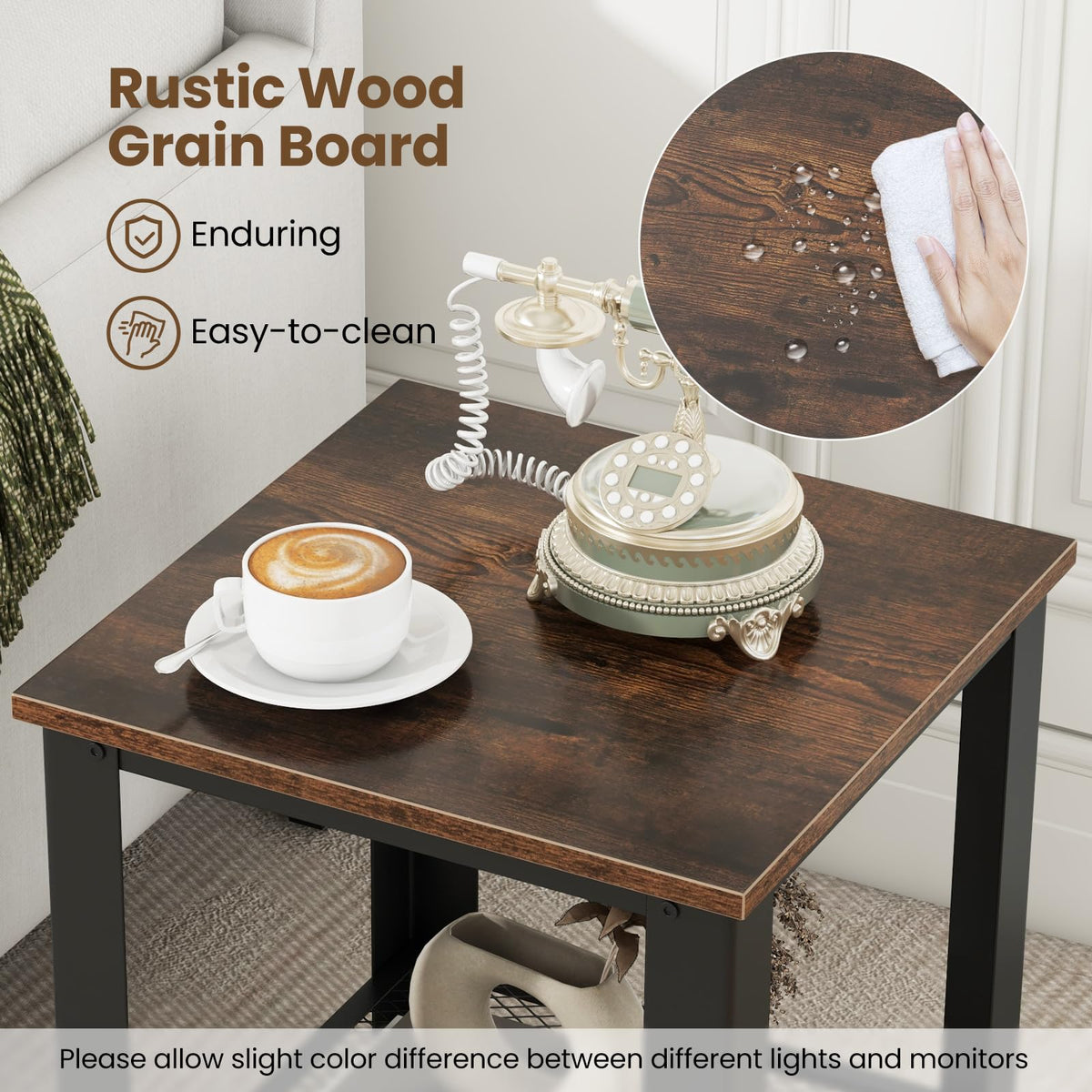 2-Tier End Table Set of 2, 16 Inch Side Table with Mesh Storage Shelf N1819